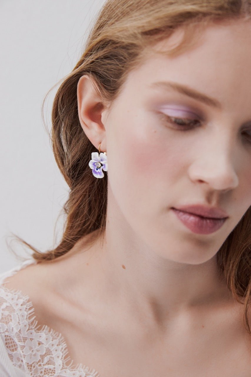Purple Pansy And Cut Crystal Earrings | AWMP1031 - Les Nereides