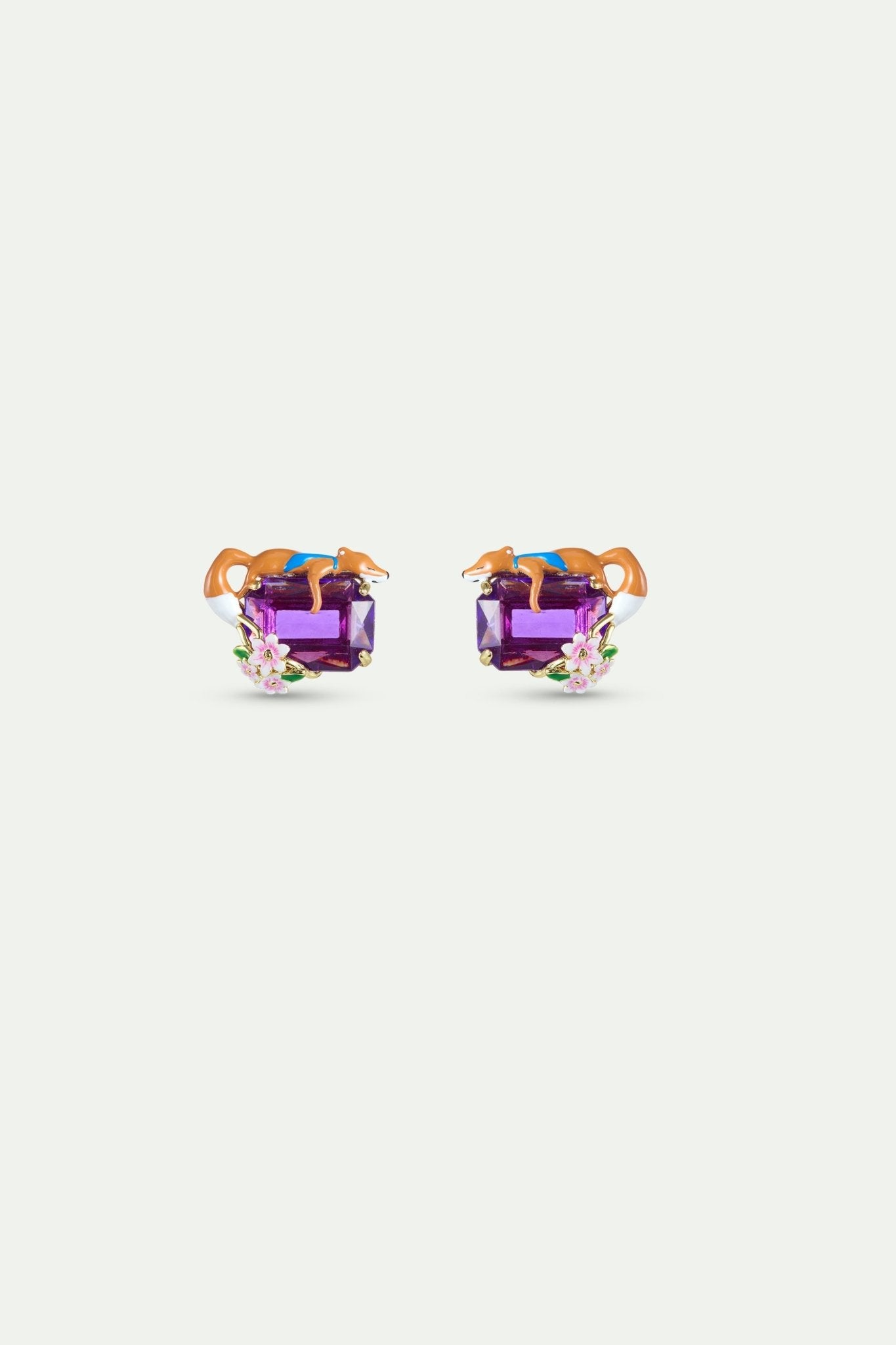 Purple Rectangular Stone, Fox And Flower Earrings | AYFB1021 - Les Nereides