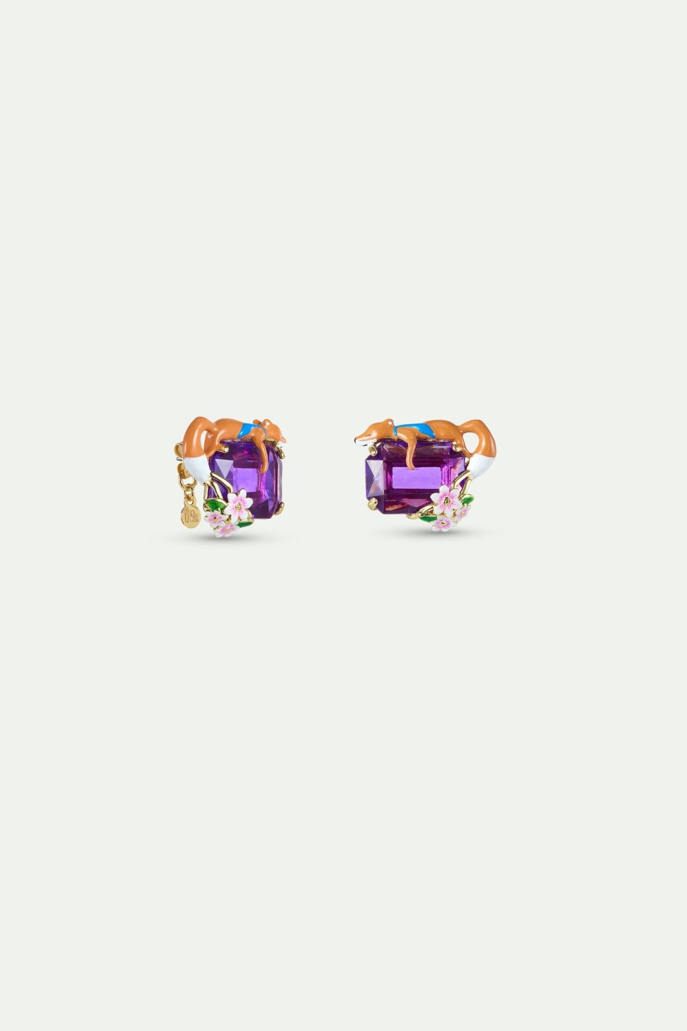 Purple Rectangular Stone, Fox And Flower Earrings | AYFB1021 - Les Nereides