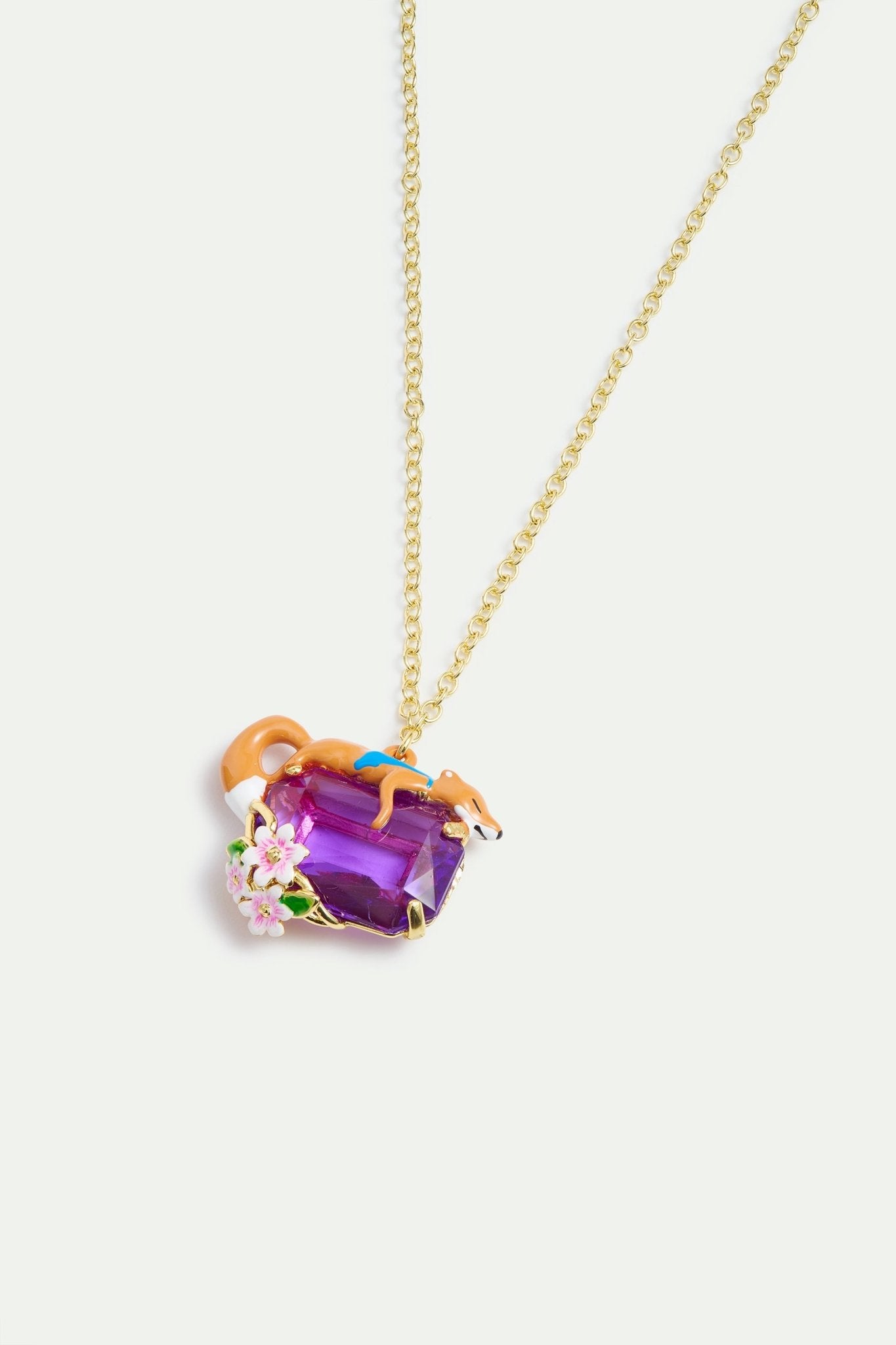 Purple Rectangular Stone, Fox And Flower Pendant Necklace | AYFB3021 - Les Nereides