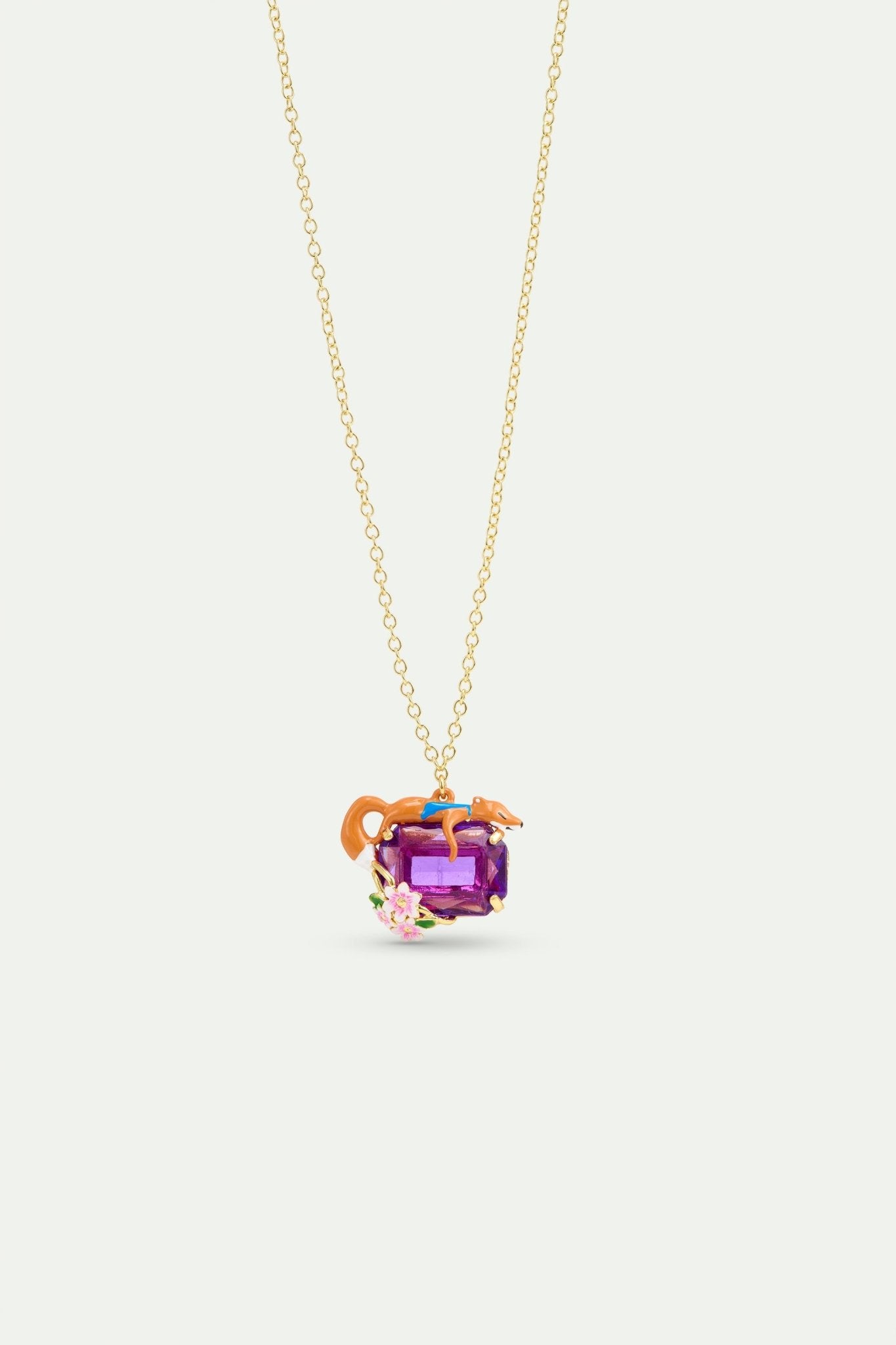 Purple Rectangular Stone, Fox And Flower Pendant Necklace | AYFB3021 - Les Nereides