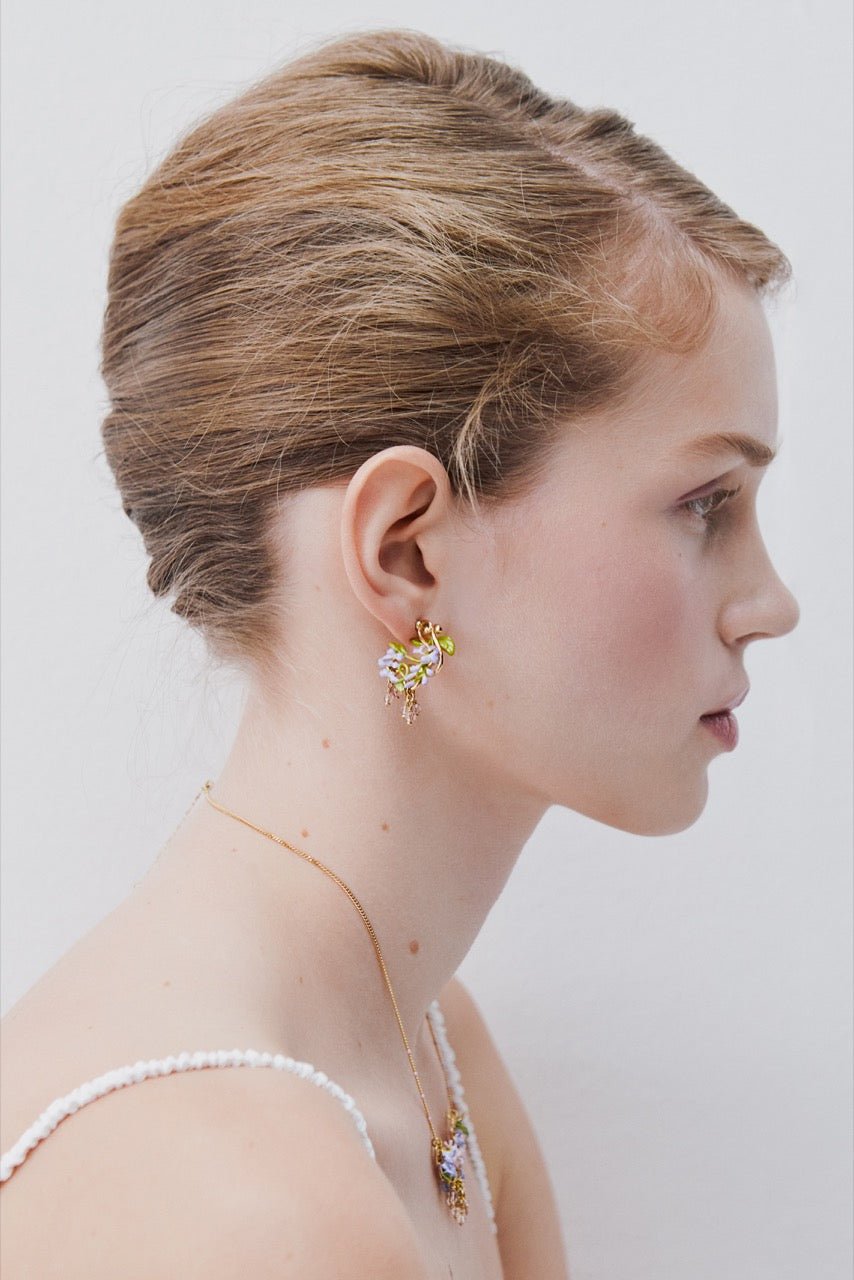 Purple Wisteria Post Earrings On Golden Arabesque, Ivy And Faceted Crystal Beads | AWMM1031 - Les Nereides