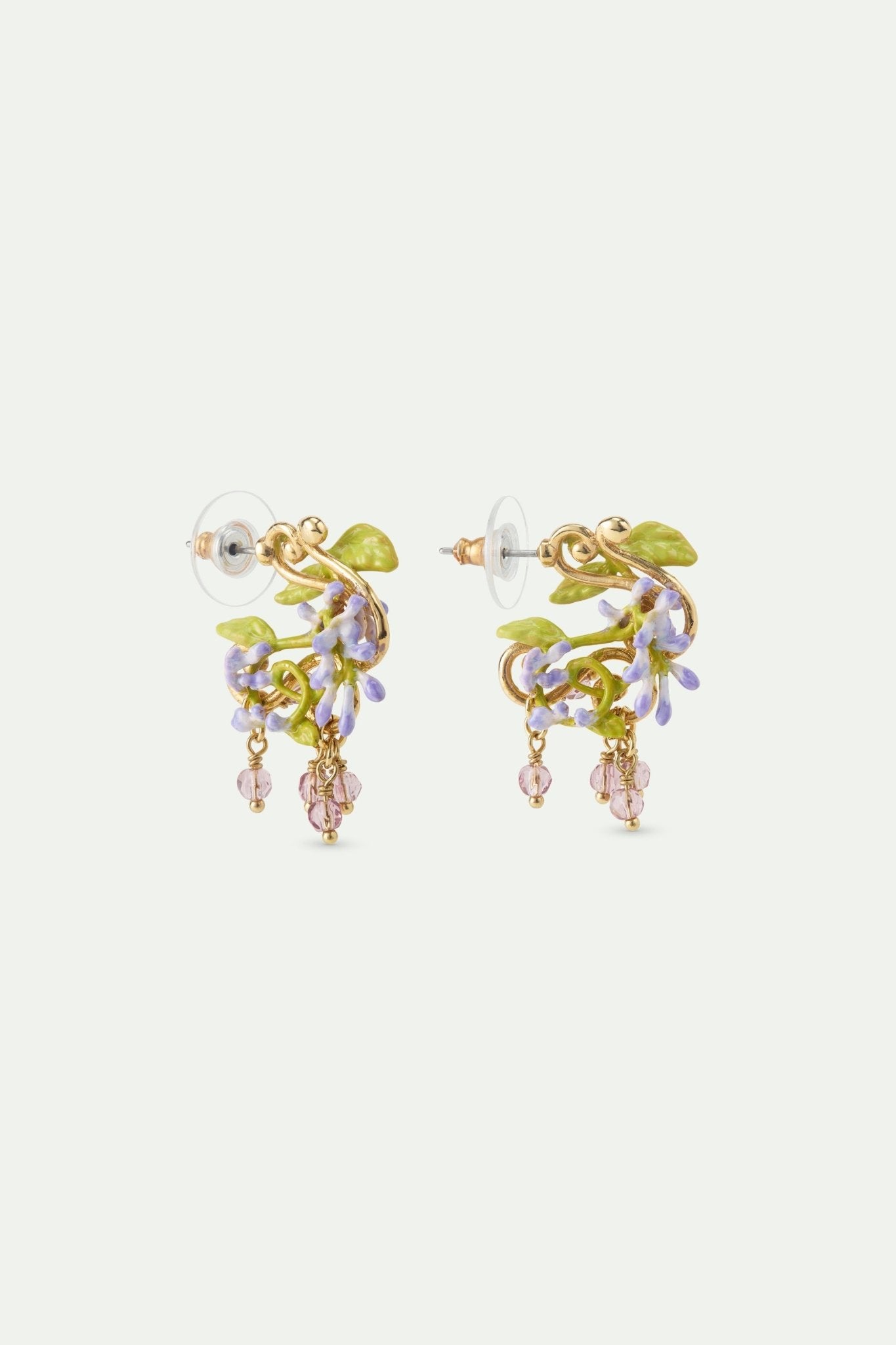 Purple Wisteria Post Earrings On Golden Arabesque, Ivy And Faceted Crystal Beads | AWMM1031 - Les Nereides