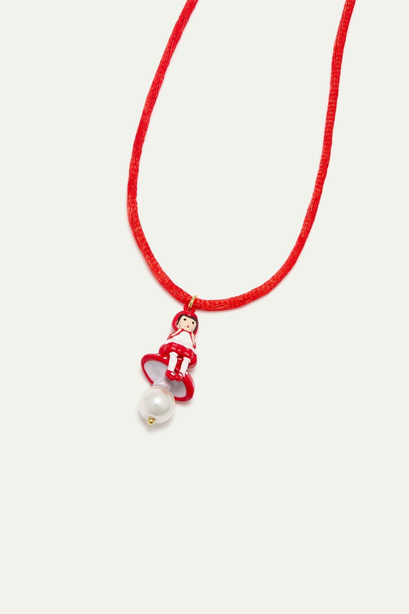 Red Pendant Necklace With Little Red Riding Hood, Mushroom And Imitation Pearl | AYCN3061 - Les Nereides