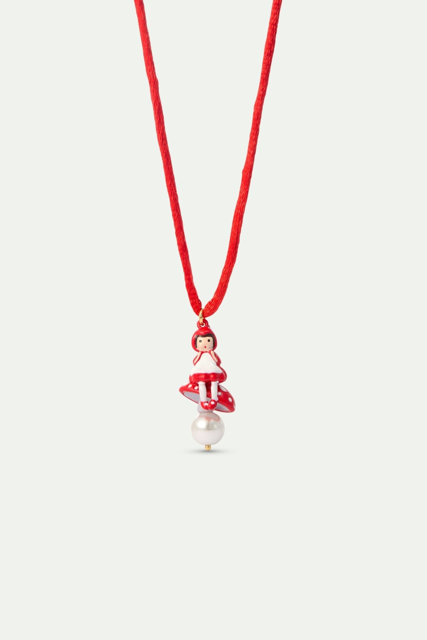 Red Pendant Necklace With Little Red Riding Hood, Mushroom And Imitation Pearl | AYCN3061 - Les Nereides