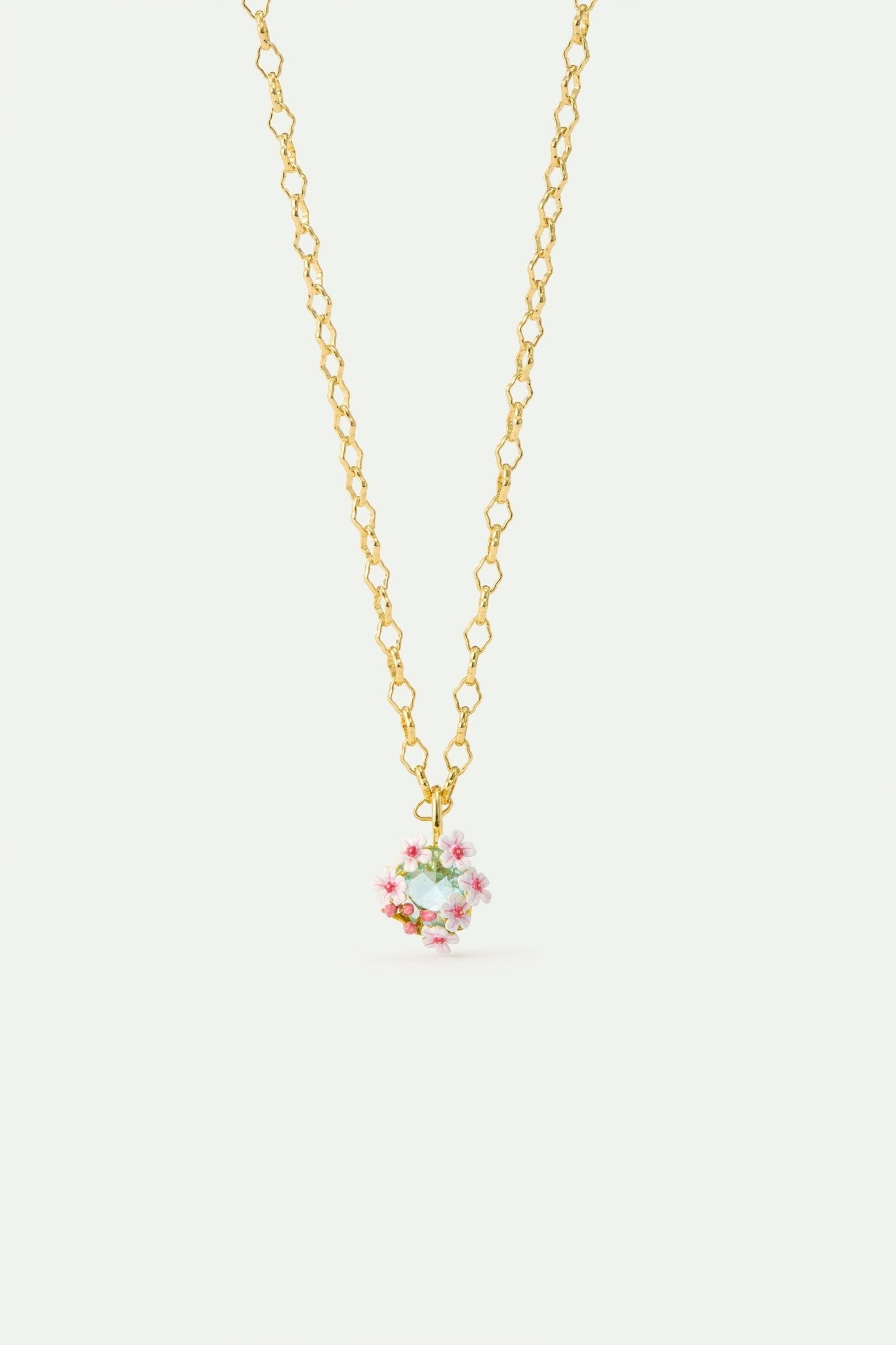 Round Blue Faceted Stone Pendant Necklace With White And Pink Hawthorn | AYDF3021 - Les Nereides