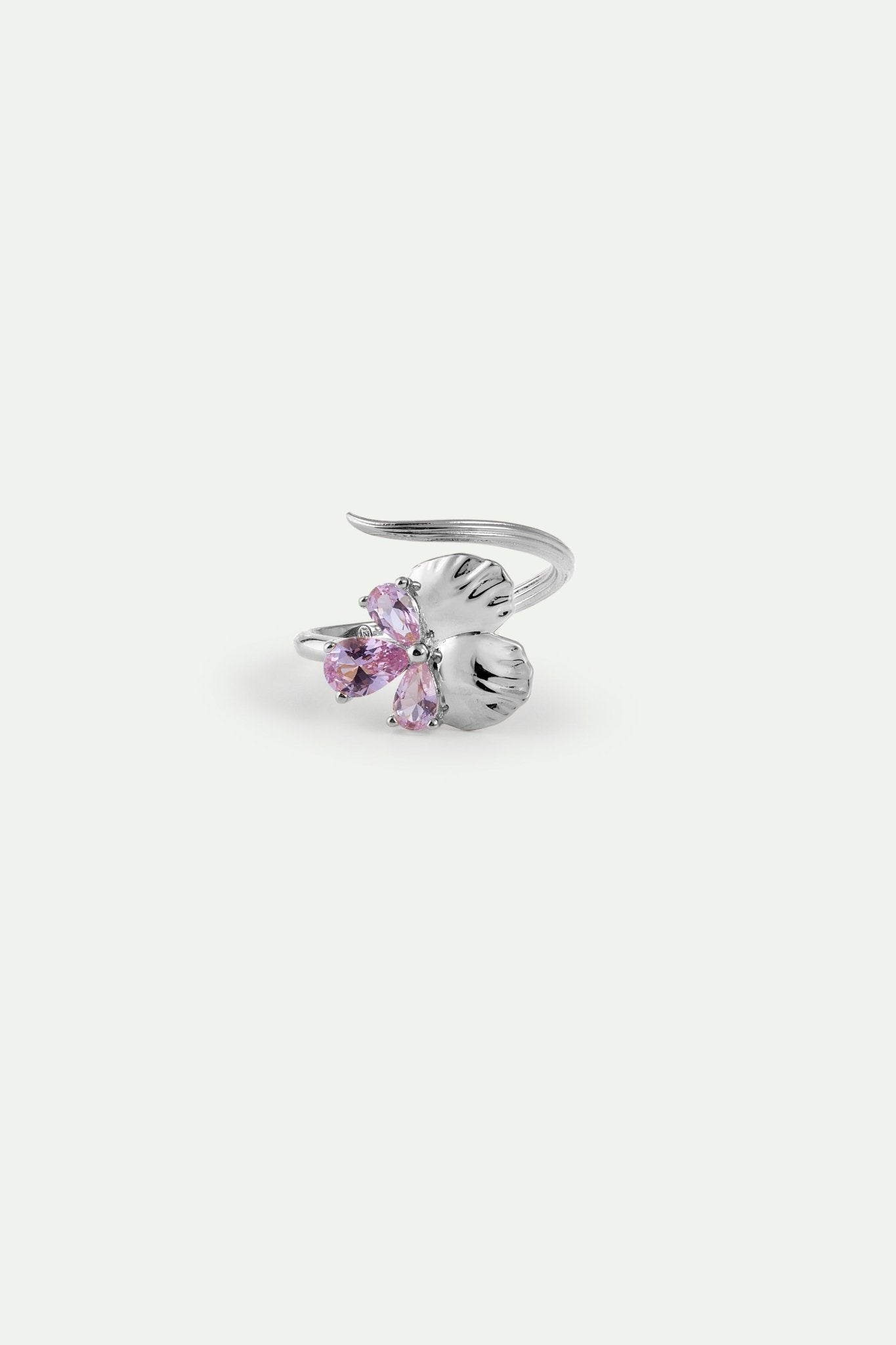 Silver Adjustable Ring With Pansy and Pink Stones | AYNF6021 - Les Nereides