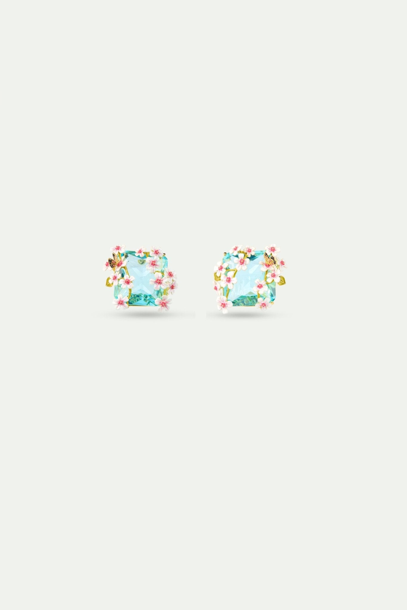 Square Blue Faceted Stone Earrings With White And Pink Hawthorn And A Butterfly | AYDF1041 - Les Nereides