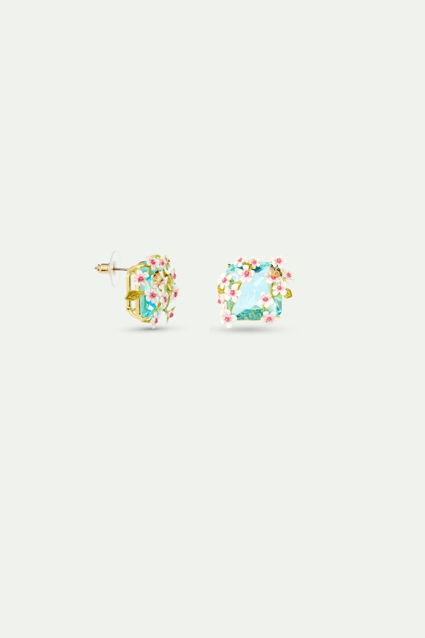 Square Blue Faceted Stone Earrings With White And Pink Hawthorn And A Butterfly | AYDF1041 - Les Nereides