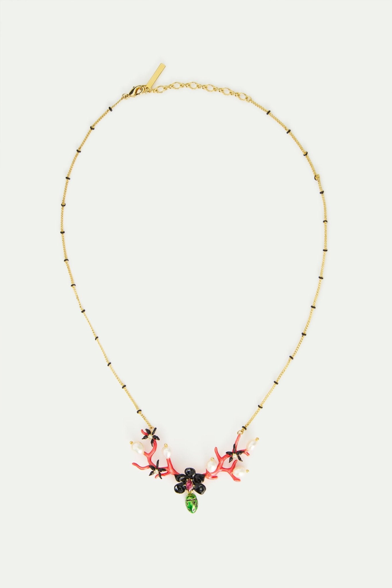 Statement Necklace With Black Orchid, Red Coral, Dangling Green Rose Chafer And Cultured Pearls | AWCC3051 - Les Nereides