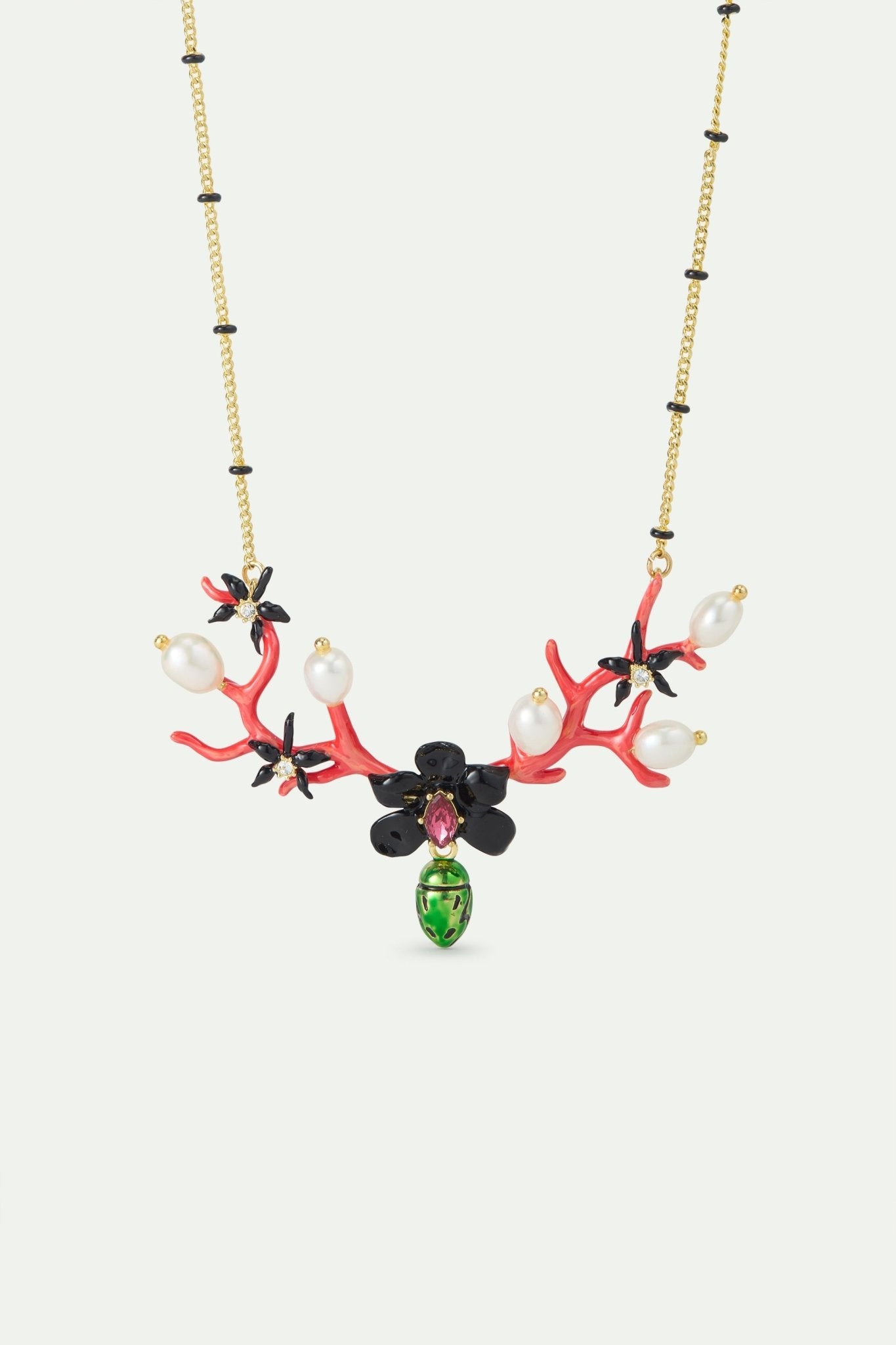Statement Necklace With Black Orchid, Red Coral, Dangling Green Rose Chafer And Cultured Pearls | AWCC3051 - Les Nereides