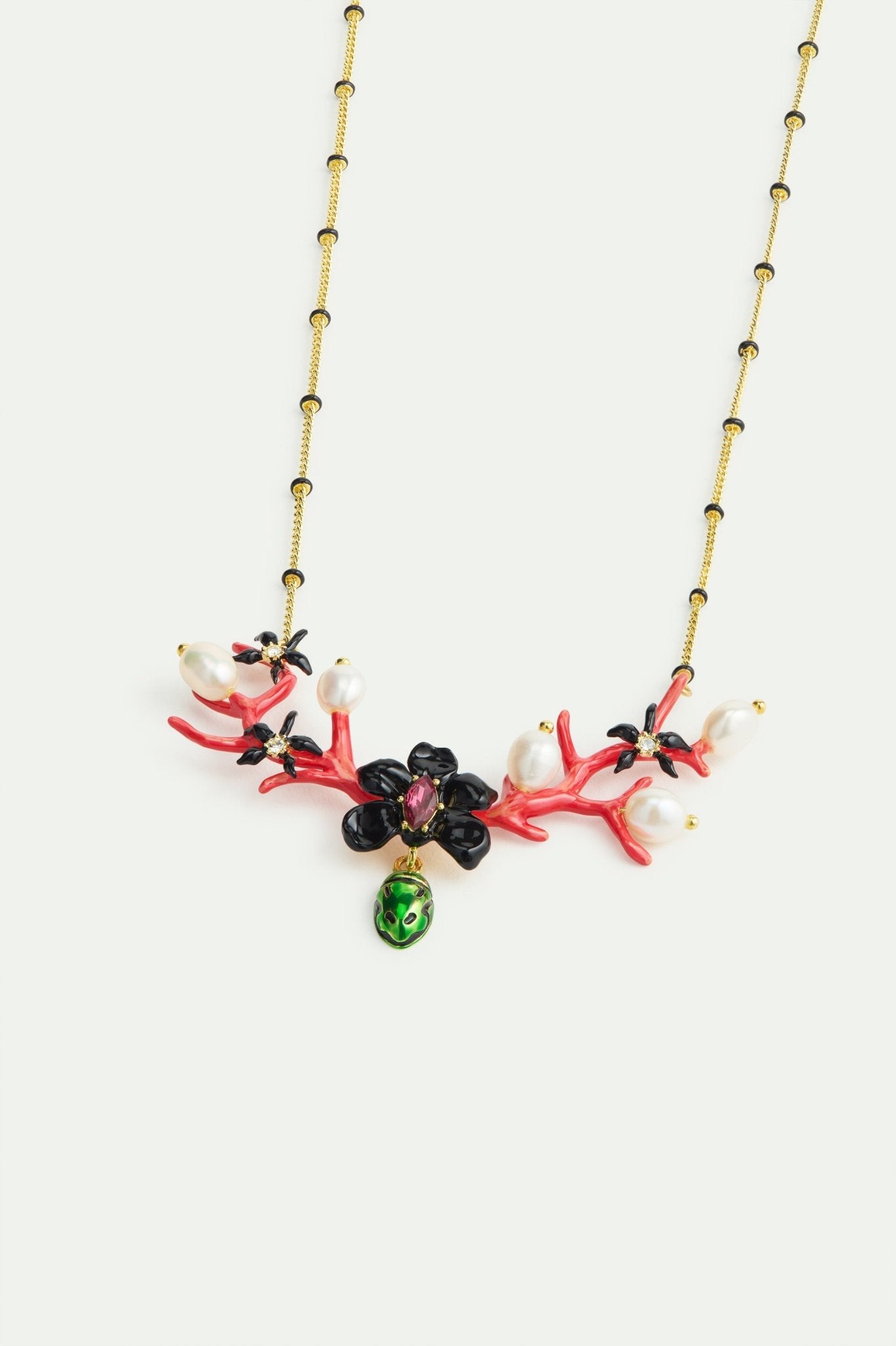 Statement Necklace With Black Orchid, Red Coral, Dangling Green Rose Chafer And Cultured Pearls | AWCC3051 - Les Nereides