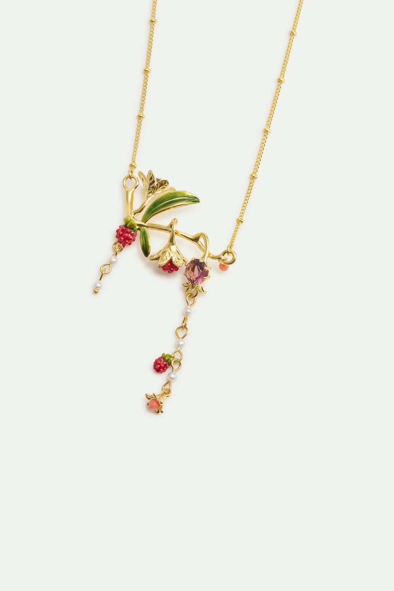 Statement Necklace With Flowers, Raspberries, Pink Stone And Pearls | AXAM3041 - Les Nereides