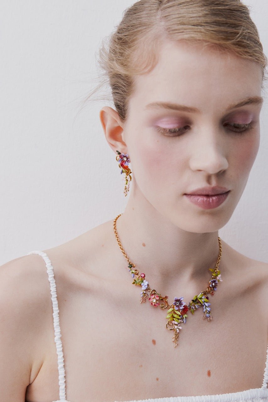 Statement Necklace With Pink And Purple Wisteria On A Golden Arabesque, Adorned With Ivy And Dangling Faceted Pink Crystal Beads | AWMM3011 - Les Nereides