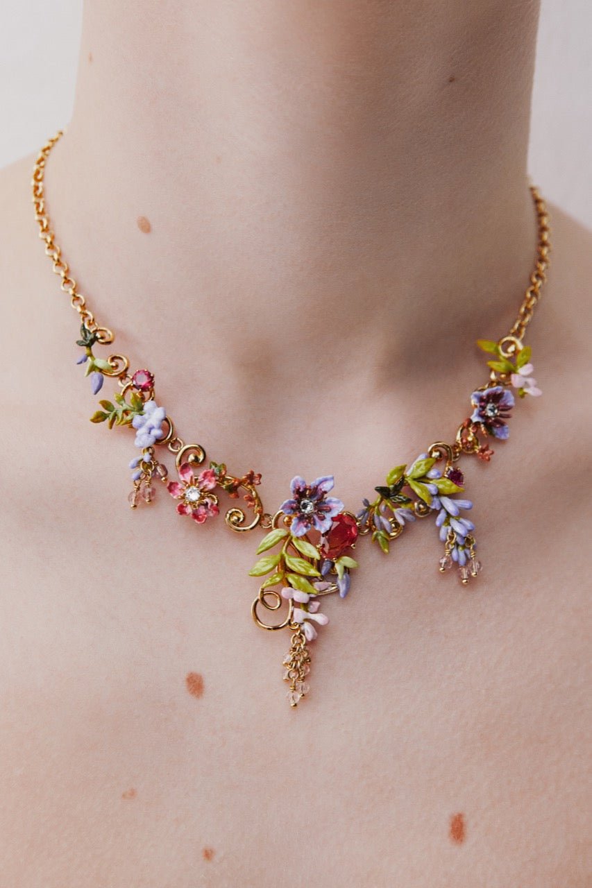 Statement Necklace With Pink And Purple Wisteria On A Golden Arabesque, Adorned With Ivy And Dangling Faceted Pink Crystal Beads | AWMM3011 - Les Nereides