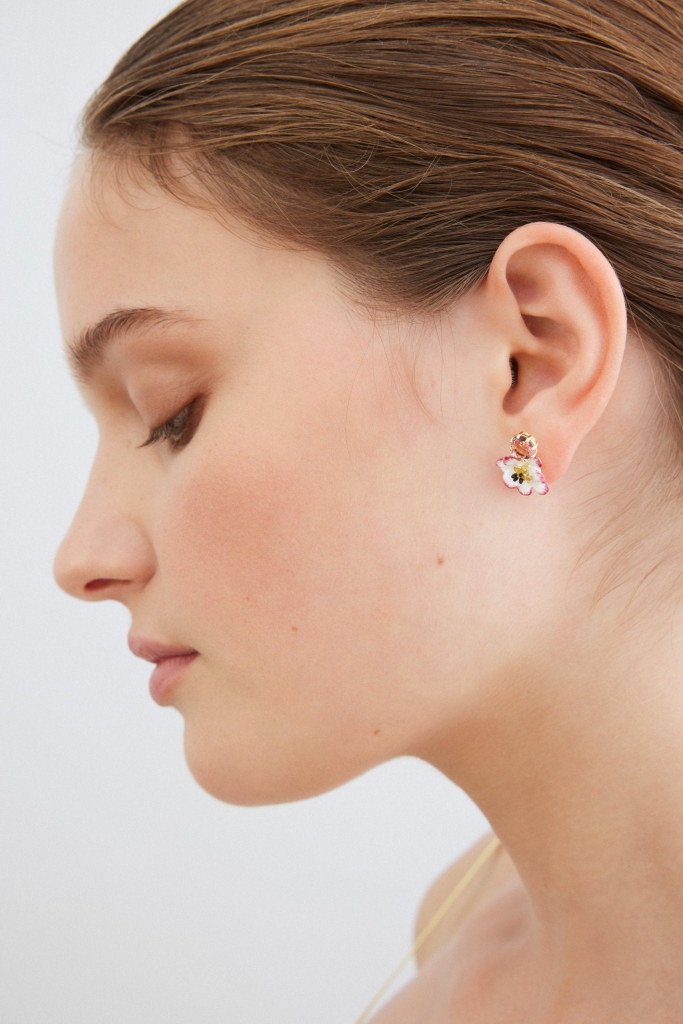 White And Pink Cosmos Flower Earrings With Pink Round Stone | AXAM1031 - Les Nereides