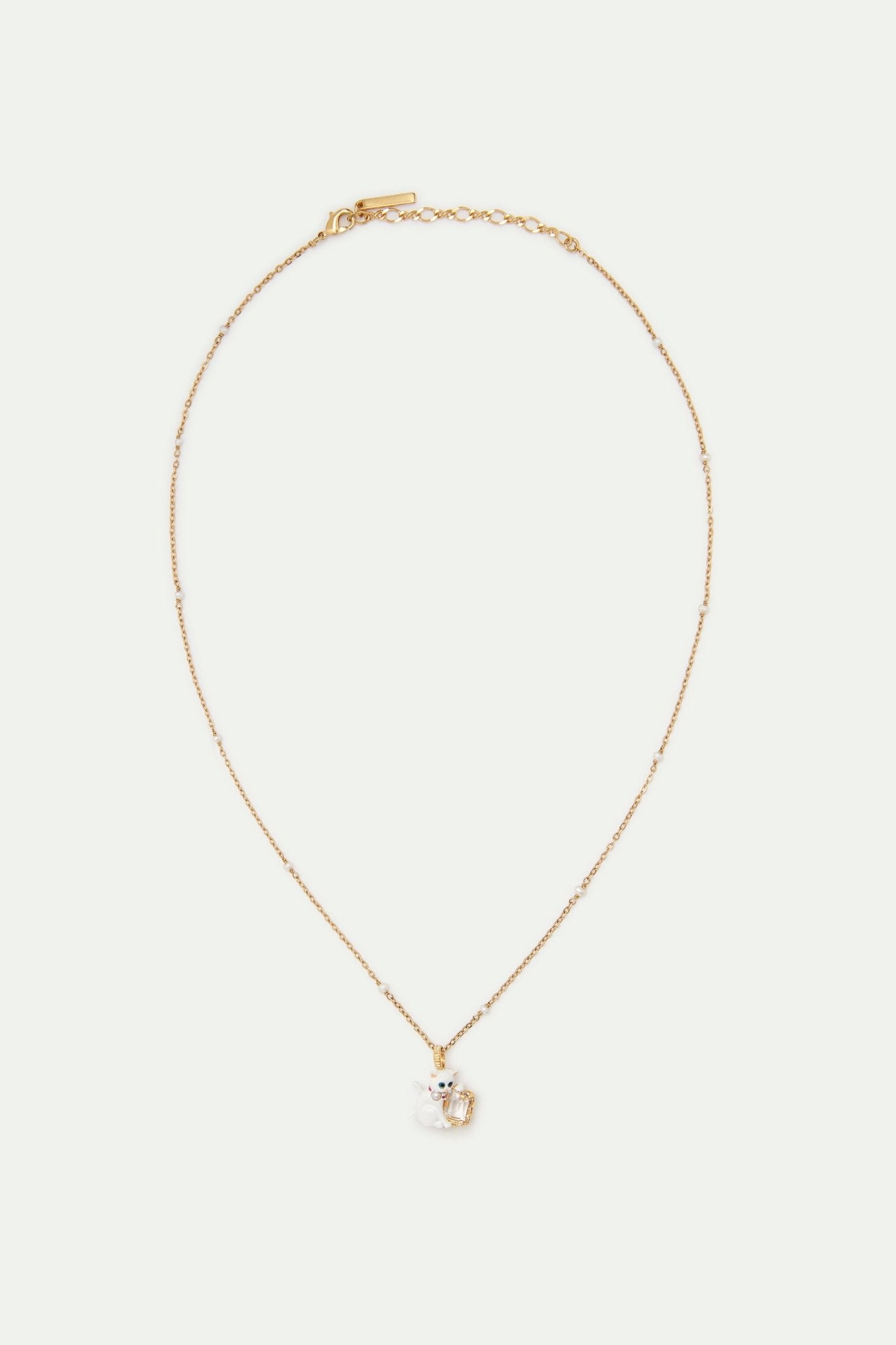 White cat and white faceted stone beaded pendant necklace | AVLA3031 - Les Nereides