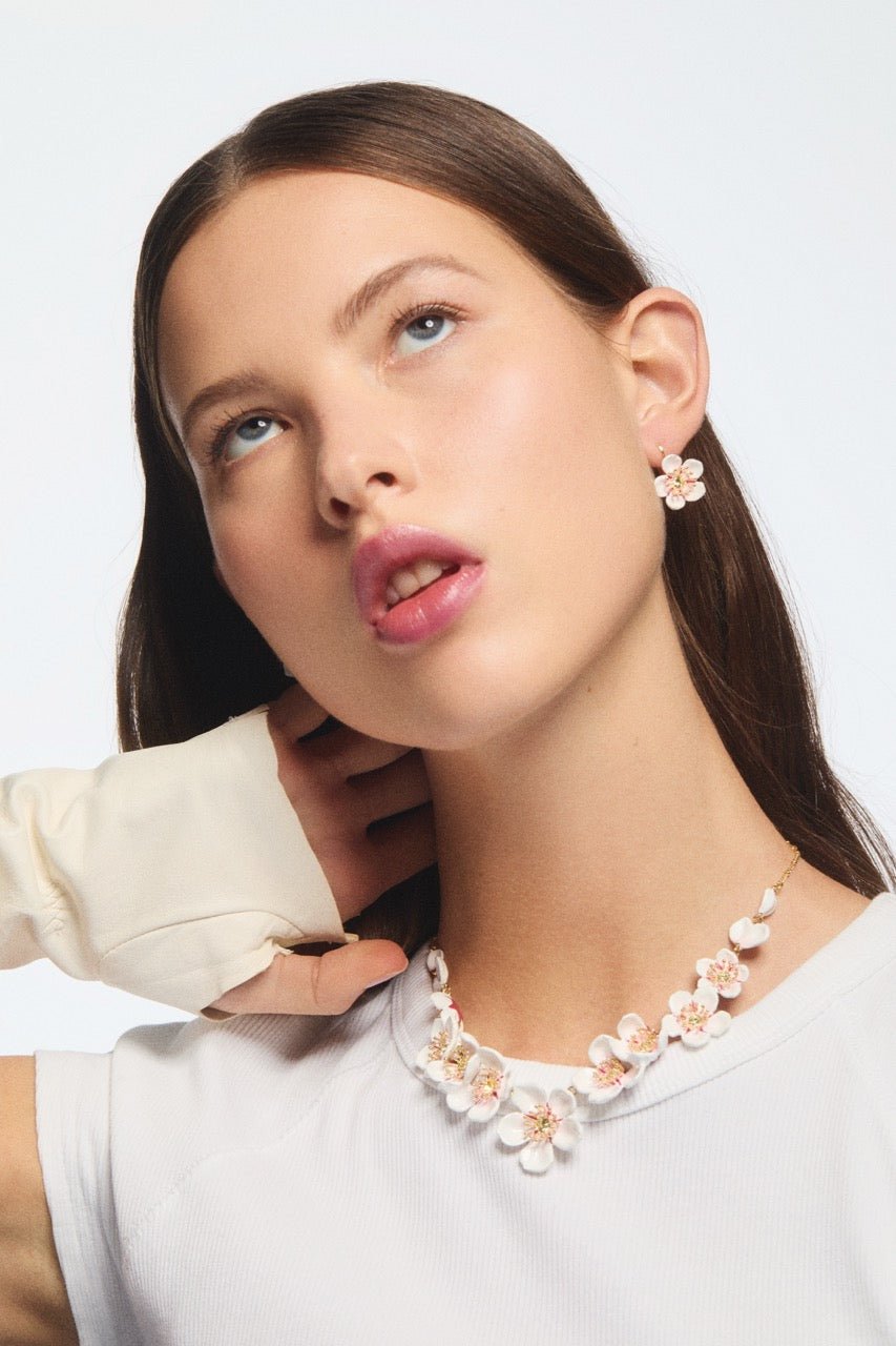 White Cherry Blossom Sleeper Earrings | AVHA1011 - Les Nereides