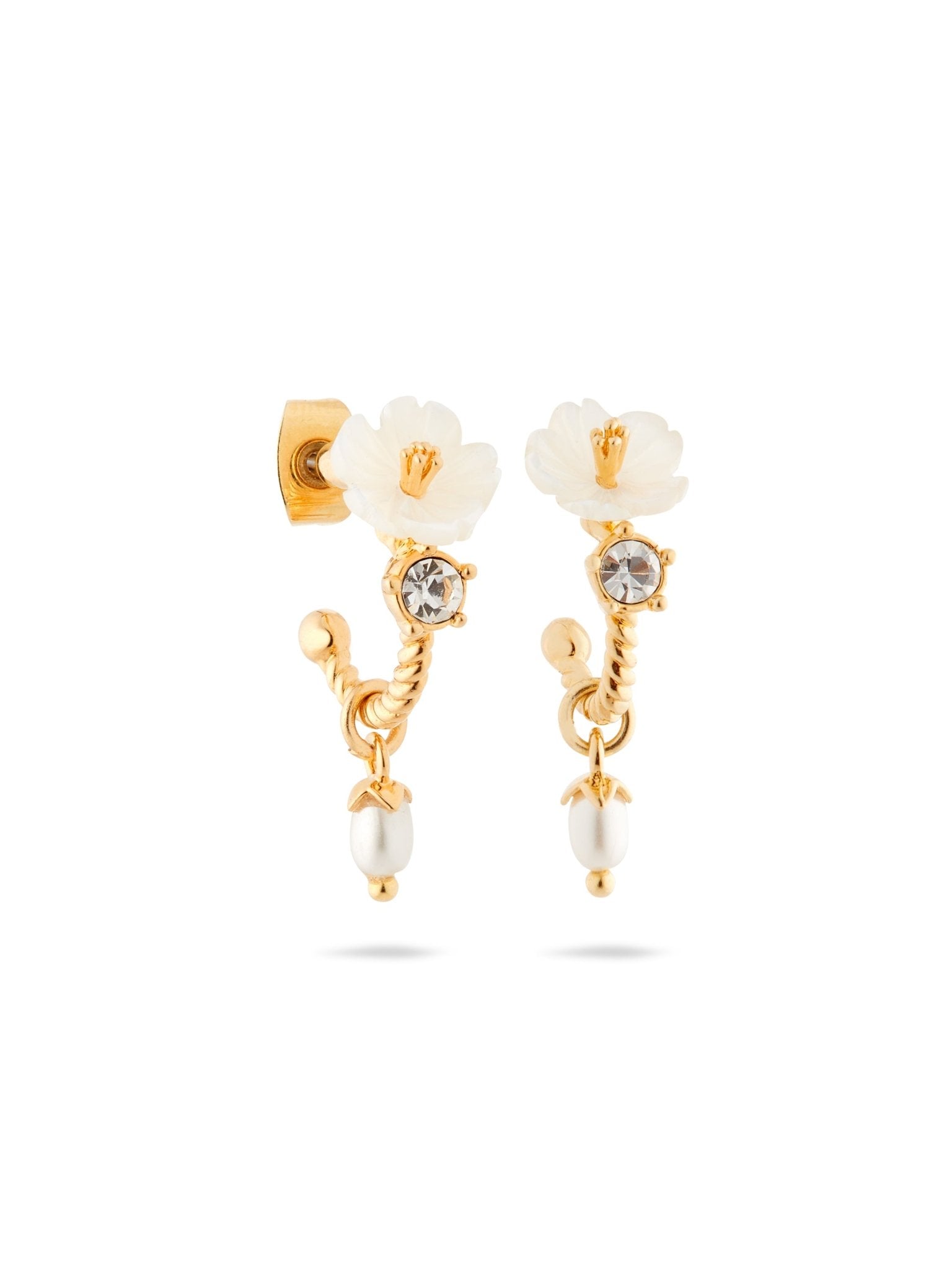 White Jasmine, Faceted Crystal And Crystal Pearl Bead Post Dangle Earrings | AUME1121 - Les Nereides