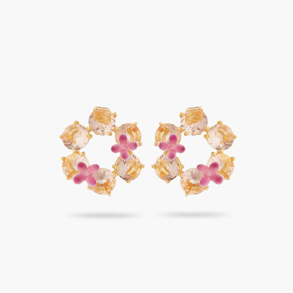 Apricot Pink Diamantine Flower And 6 Round Stone Earrings | ATLD1422