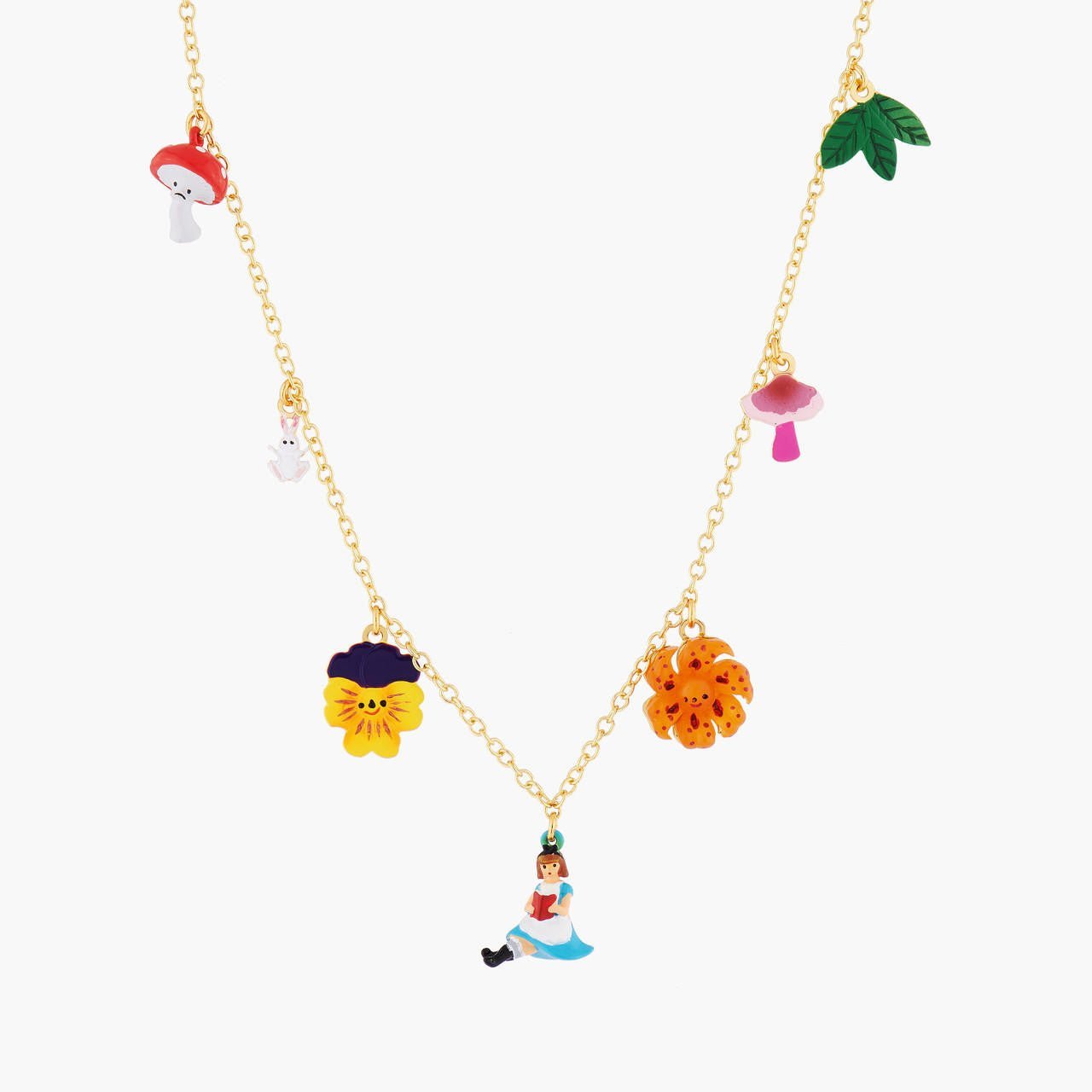 Alice, Flowers, Mushrooms And White Rabbit Thin Necklace | AMAL3021 - Les Nereides