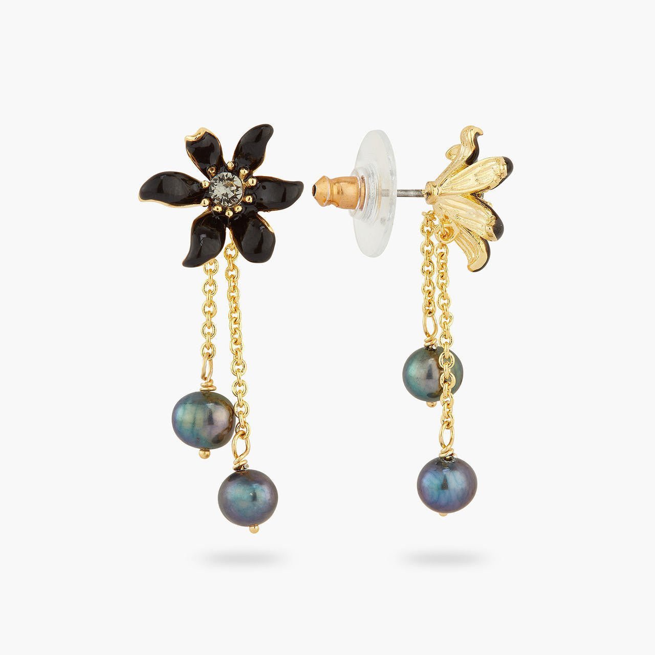 Black lily and cultured pearls earrings | AQFN1051 - Les Nereides