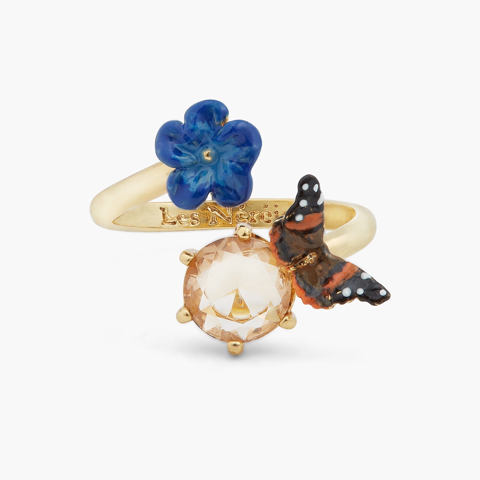 Blue Flax Flower And Butterfly Adjustable Ring | ASTM6011 - Les Nereides