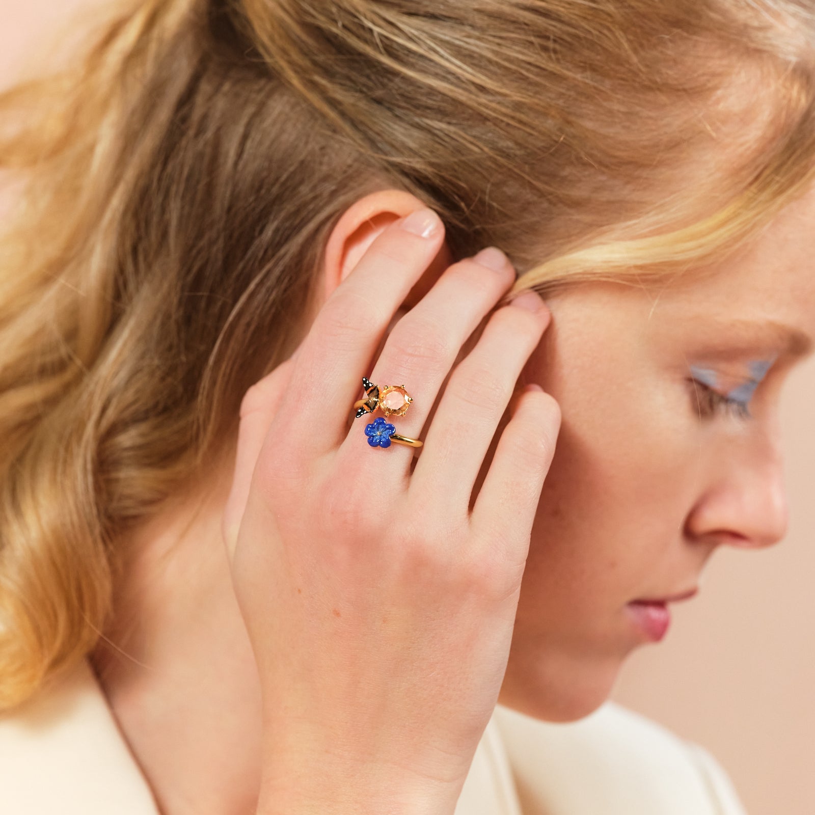 Blue Flax Flower And Butterfly Adjustable Ring | ASTM6011 - Les Nereides