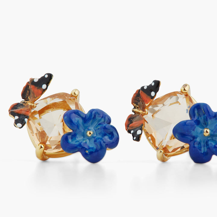 Blue Flax Flower, Faceted Glass And Butterfly Sleeper Earrings | ASTM1011 - Les Nereides