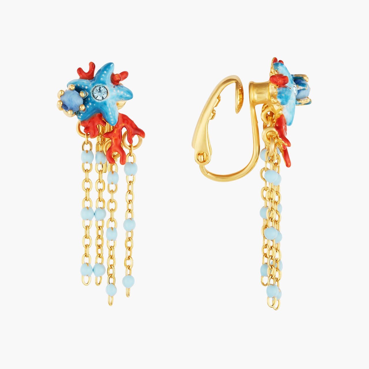 Blue Starfish And Red Coral Pendant Earrings | AOGL1021 - Les Nereides