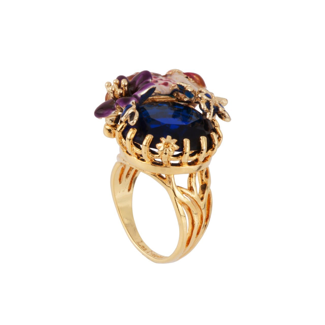 Clarte Nocturne Dark Blue Crystal Stone, Leaves & Purple Flower Rings | AECN607/11 - Les Nereides