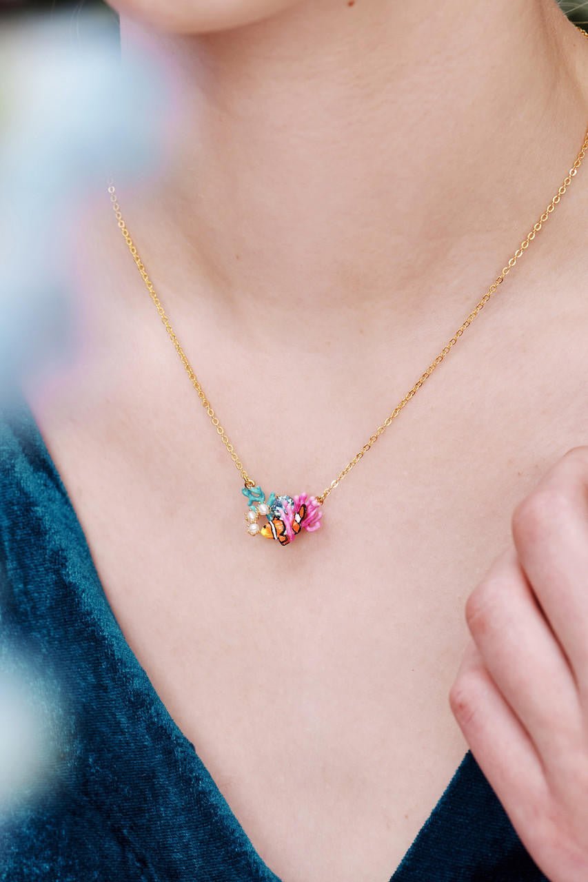 Clownfish, Anemones And Blue Crystal Necklace | AOGL3021 - Les Nereides