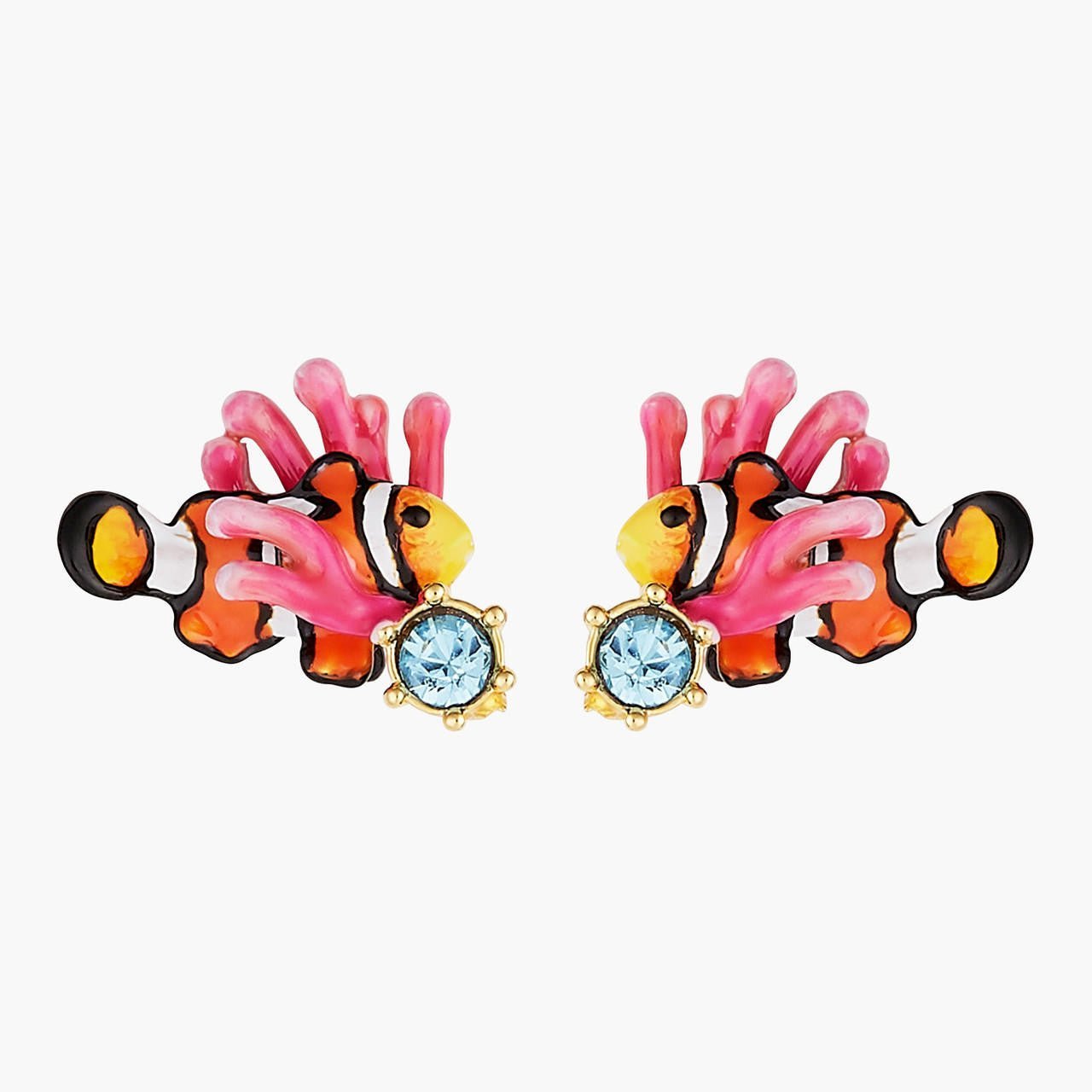 Clownfish, Pink Anemone And Light Blue Faceted Crystal Post Earrings | AOGL1011 - Les Nereides