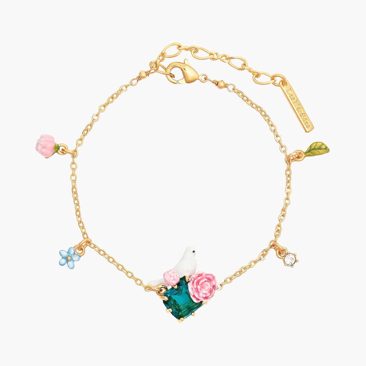 Dove And Peonies On Faceted Crystal Stone Thin Bracelet | ANLA2011 - Les Nereides