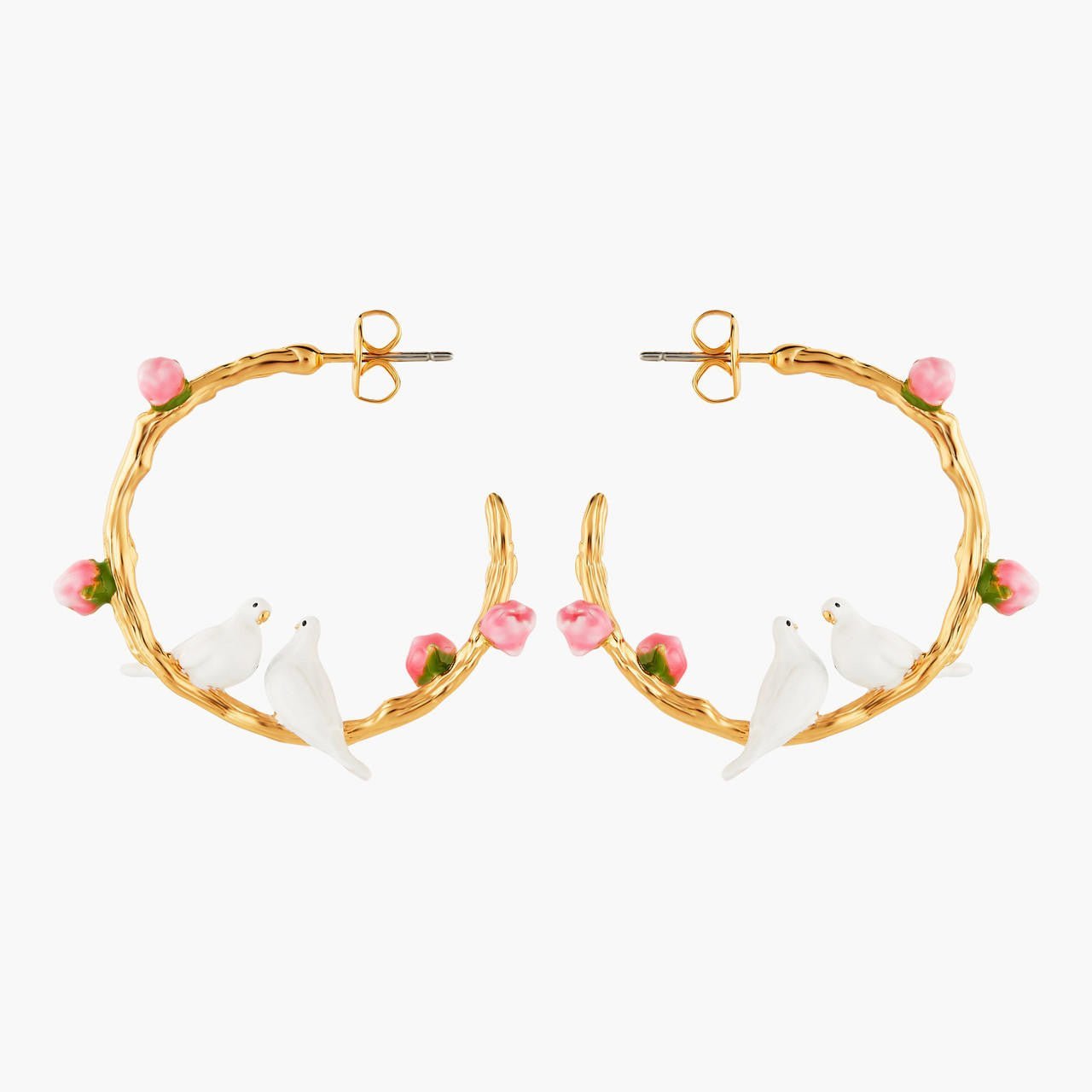 Dove Couple And Small Peonies Hoop Earrings | ANLA1041 - Les Nereides