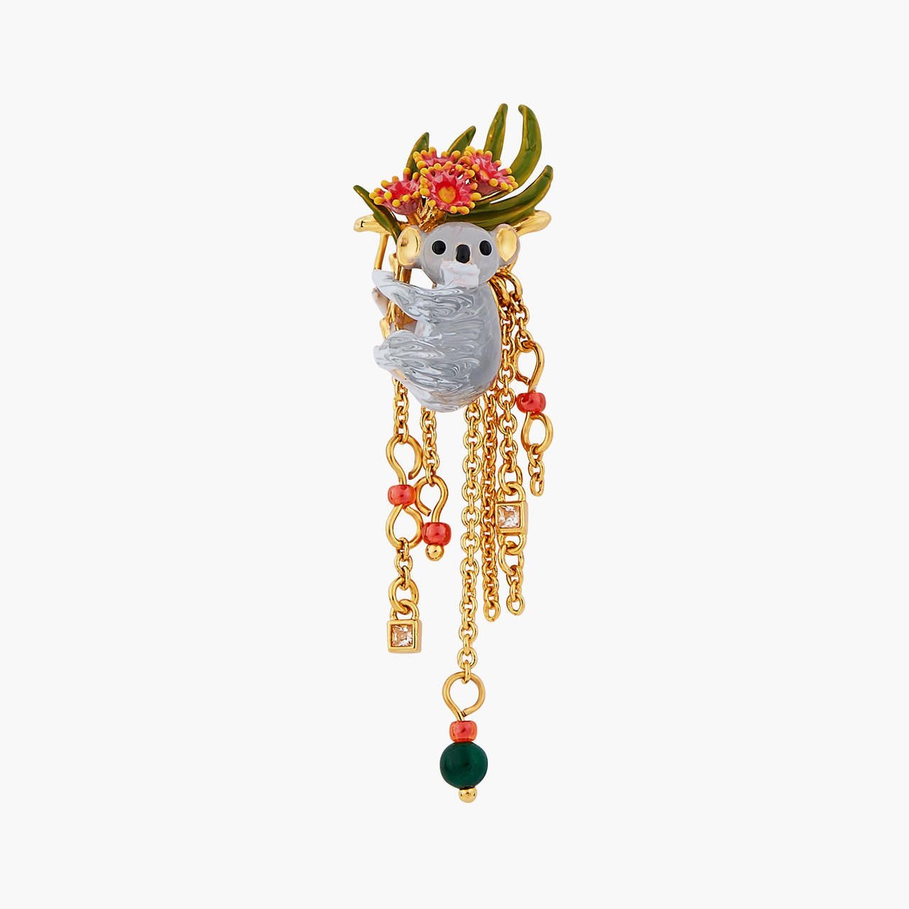 Duo Of Koalas, Pink Eucalyptus And Malachite Beads Sleeper Earrings | AOLA1061 - Les Nereides