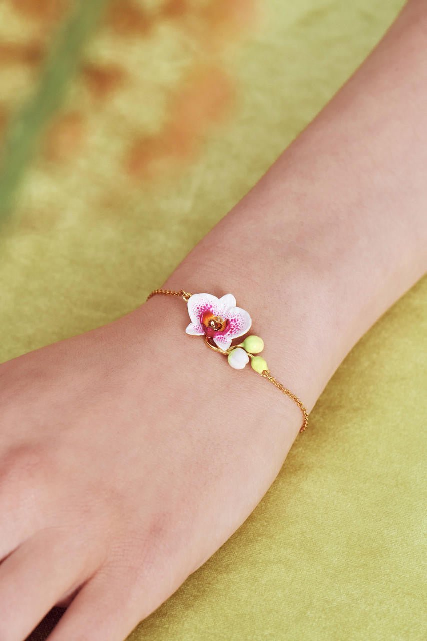 Elephant'S Ear Orchid And Faceted Crystal Heart Thin Bracelet | AOOC2031 - Les Nereides
