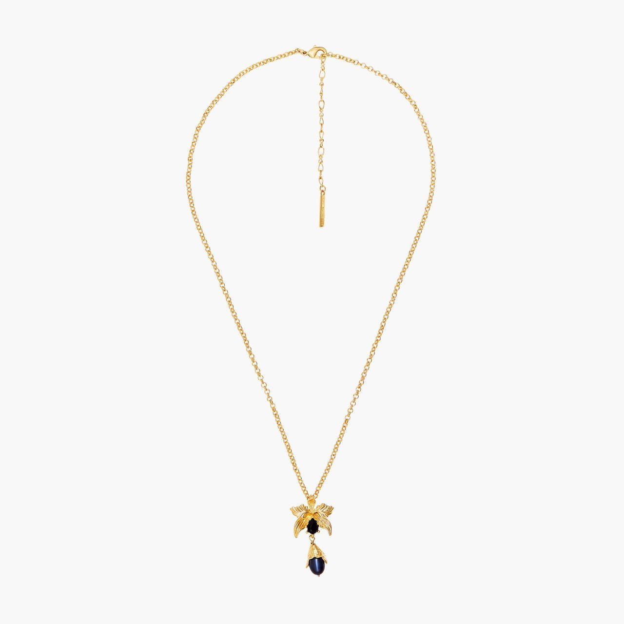 Flamboyant Orchid, Cut Crystals And Black Freshwater Pearls Pendant Necklace | AOOC3081 - Les Nereides