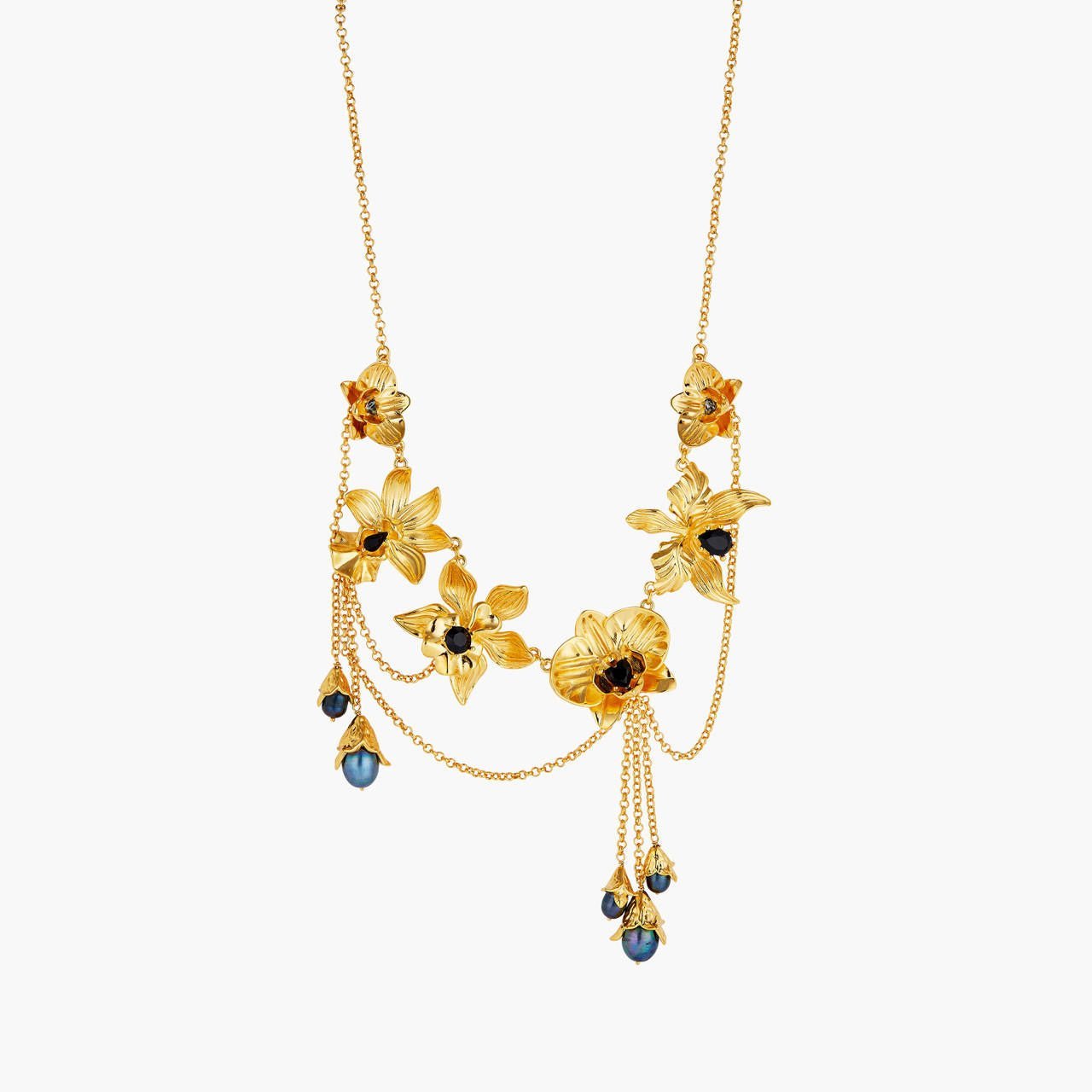 Flamboyant Orchid, Cut Crystals And Black Freshwater Pearls Statement Necklace | AOOC3071 - Les Nereides