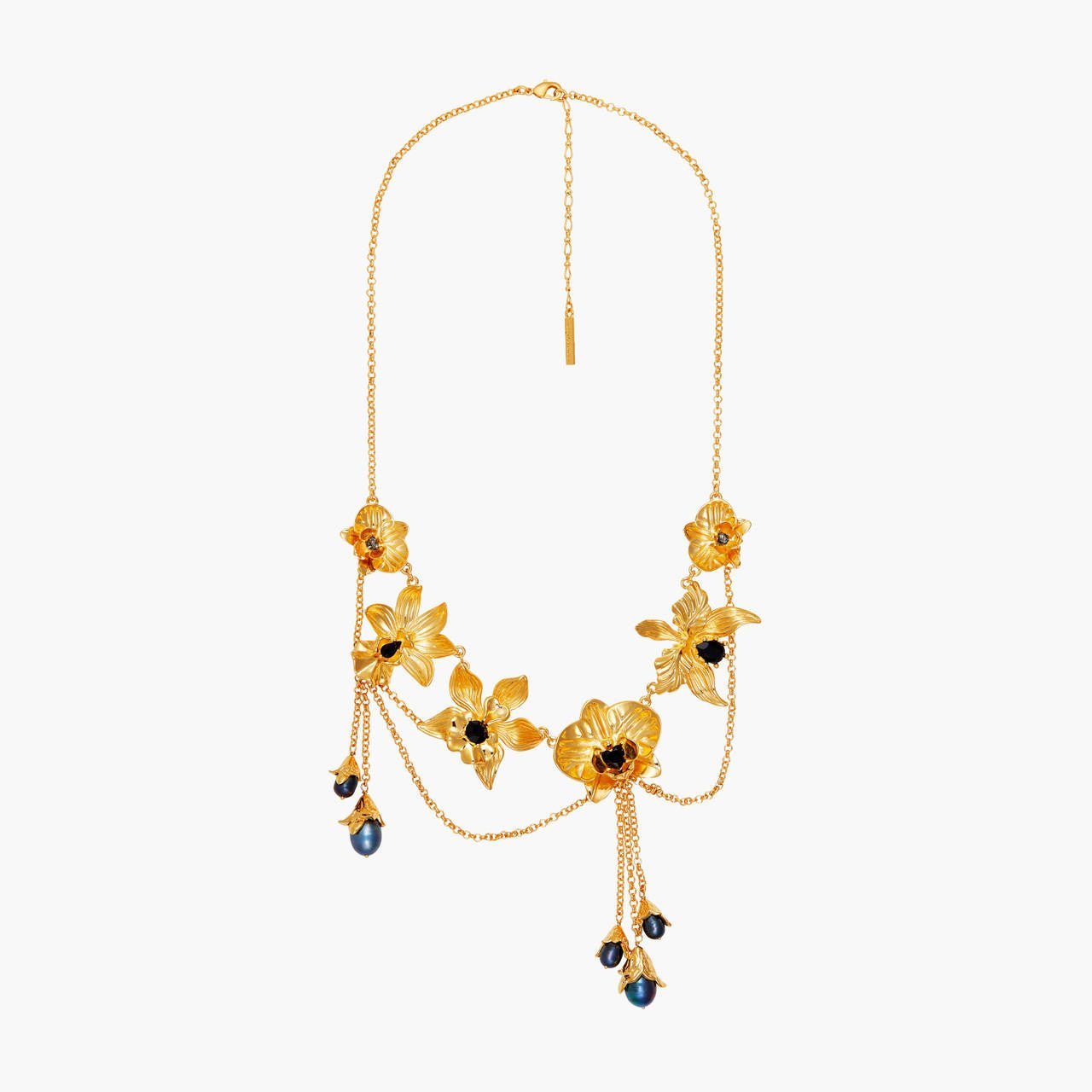 Flamboyant Orchid, Cut Crystals And Black Freshwater Pearls Statement Necklace | AOOC3071 - Les Nereides