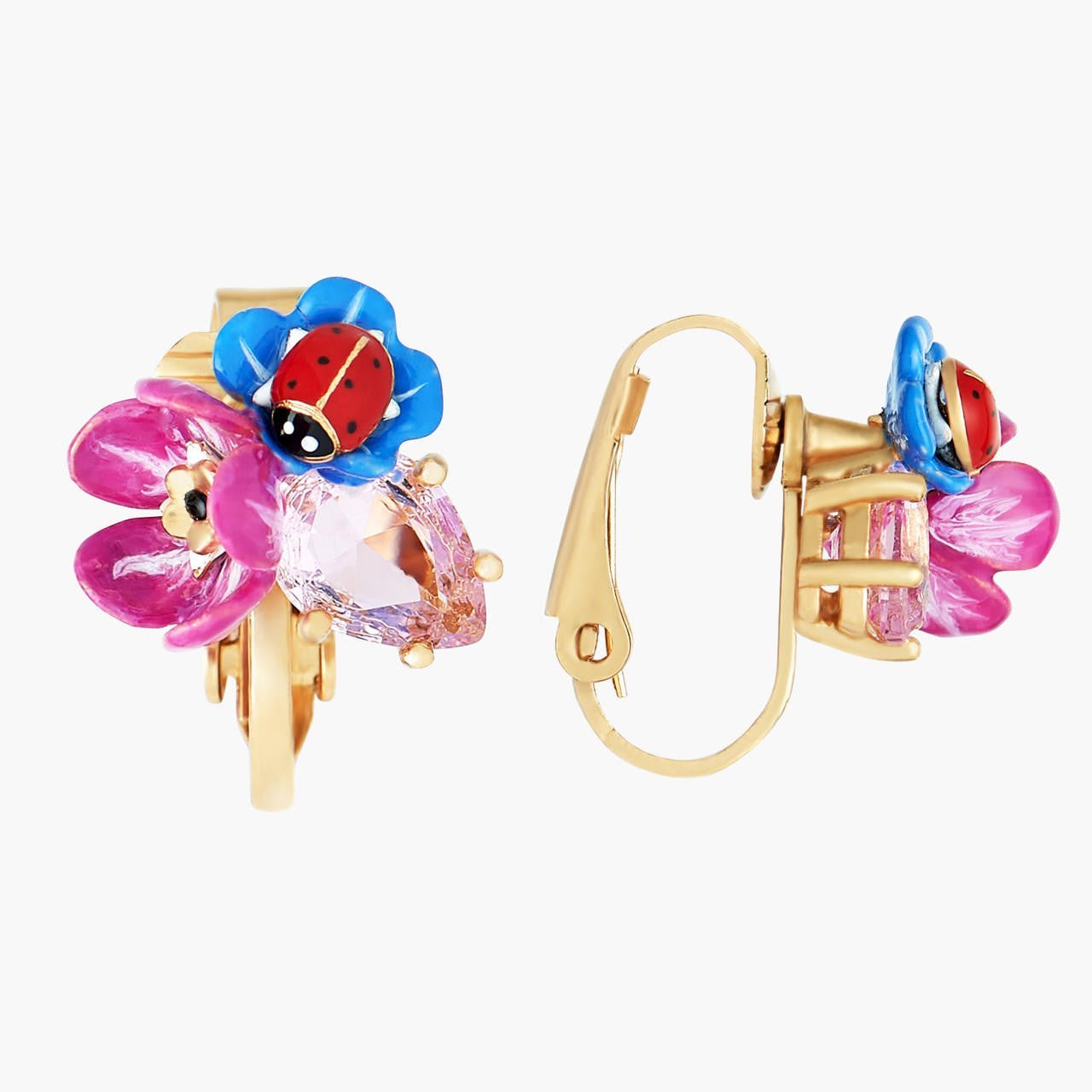 Flowers And Ladybirds Faceted Crystal Petal Earrings | ANBM1041 - Les Nereides