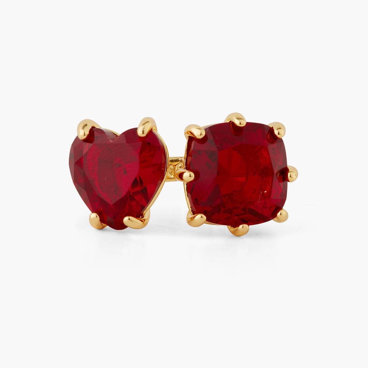 Garnet Red Diamantine Heart And Square Stone You And Me Adjustable Ring | AQLD6181 - Les Nereides