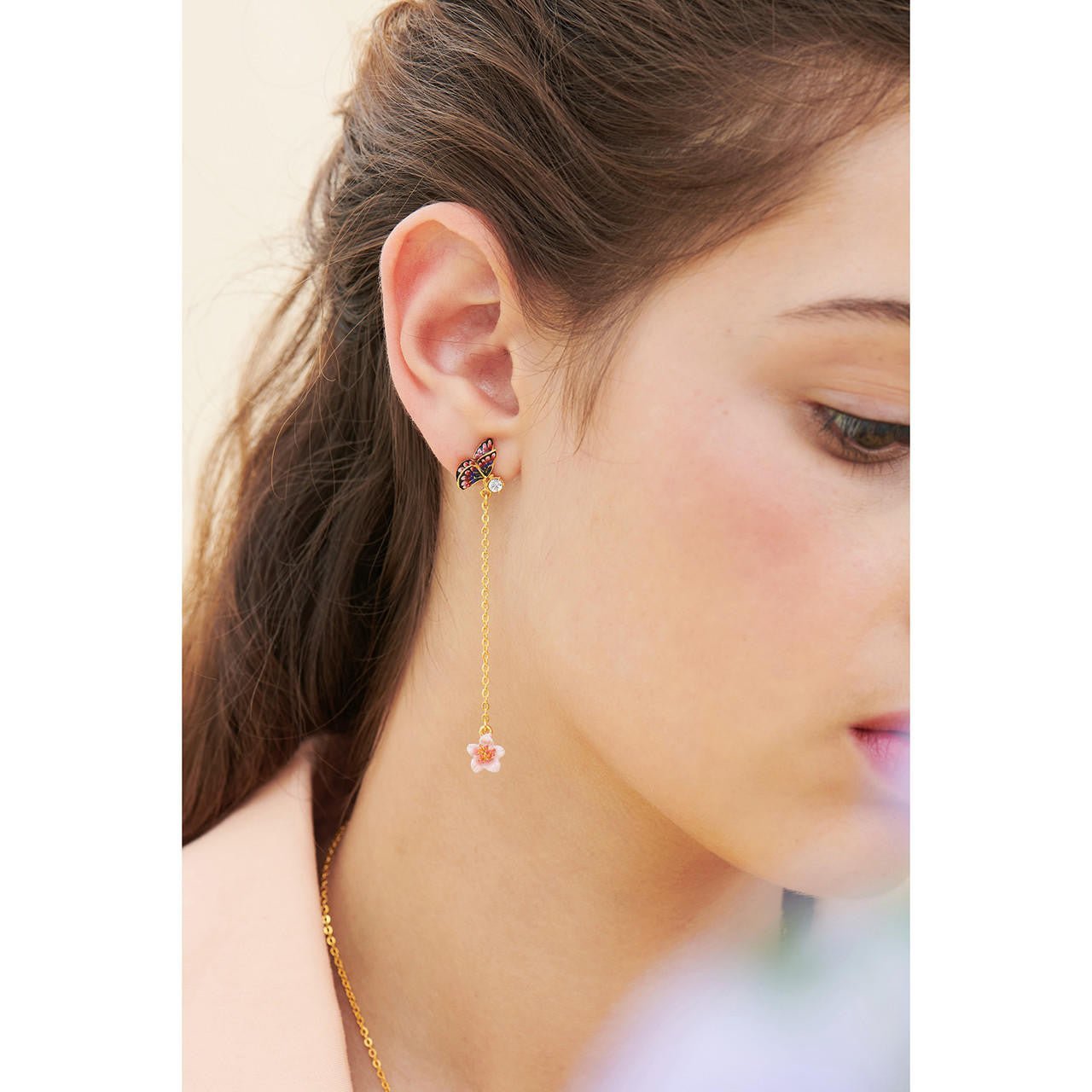 Japanese Emperor Butterfly And Cherry Blossom Dangling Earrings | ANHA1111 - Les Nereides