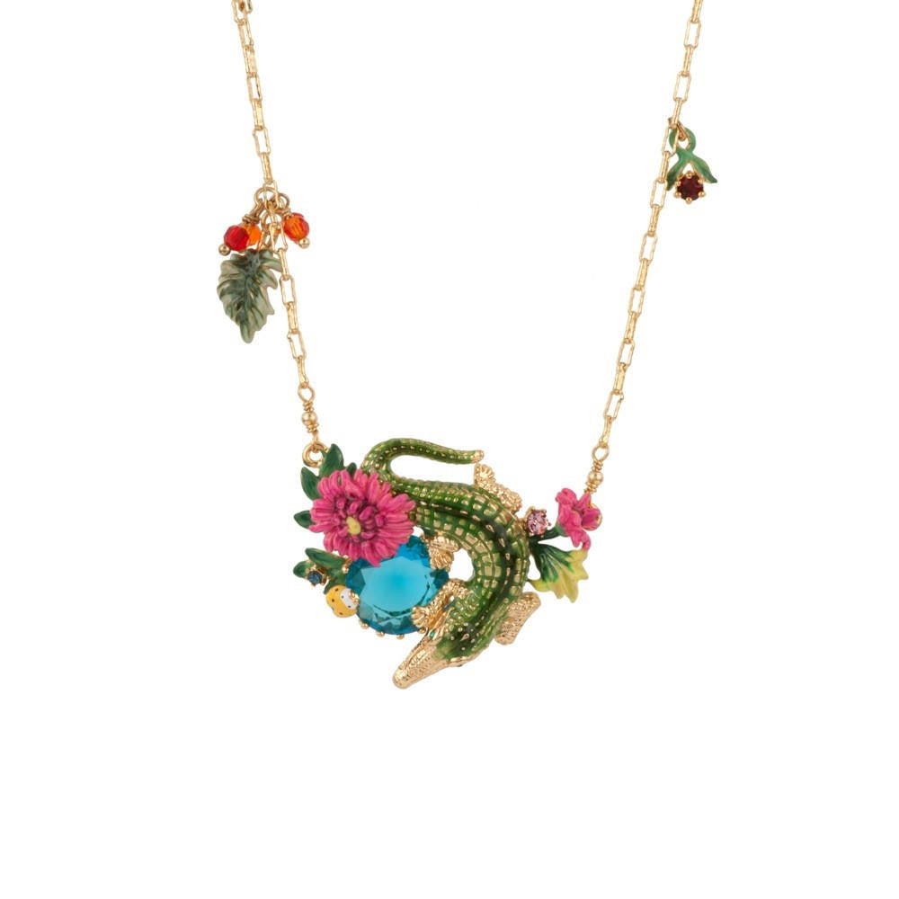 Jungle Tropicale Large Crocodile, Pink Flower & Turquoise Stone Necklace | ADJT3031 - Les Nereides