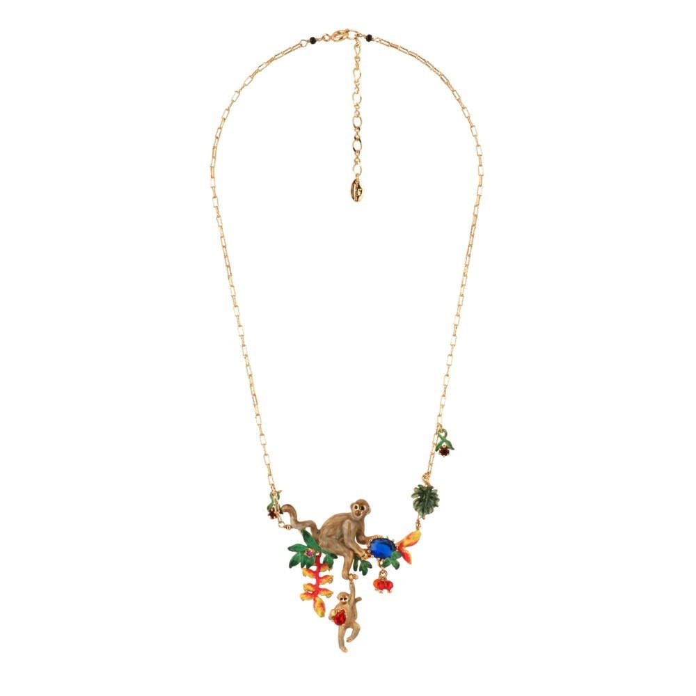 Jungle Tropicale Monkeys, Tropical Flowers & Dark Blue Stone Necklace | ADJT3021 - Les Nereides