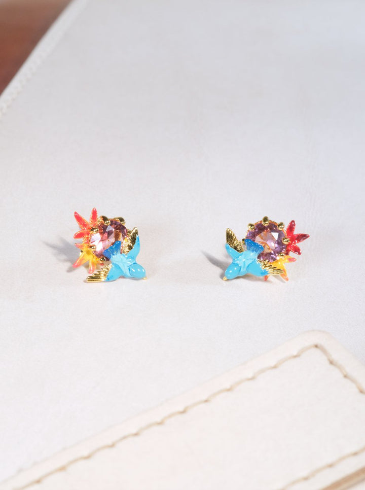 Kingfisher, Maple Leaf And Round Stone Earrings | ASPL1051 - Les Nereides