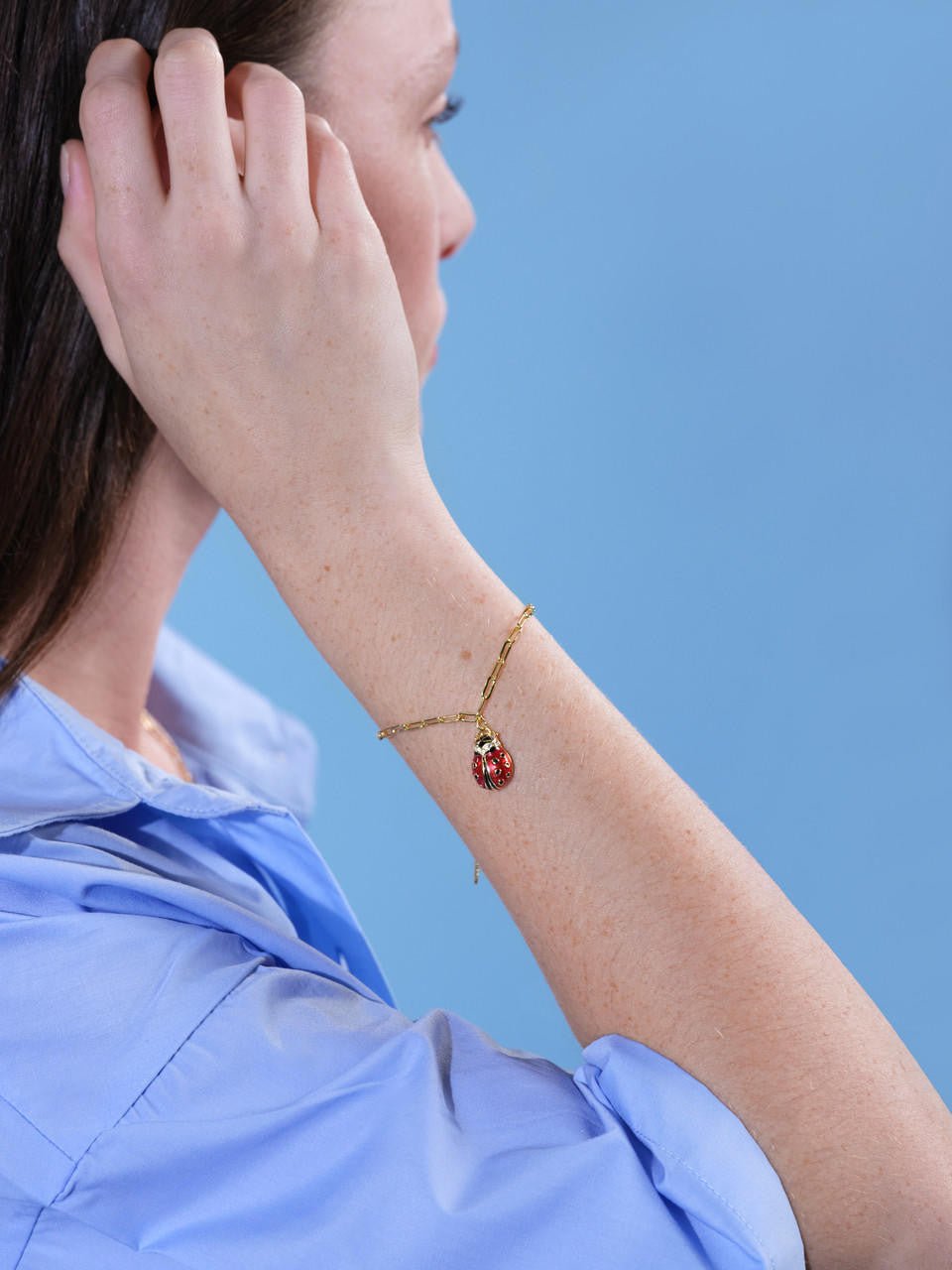 Ladybird And Faceted Crystal Rectangle Link Chain Bracelet | ARAM2011 - Les Nereides