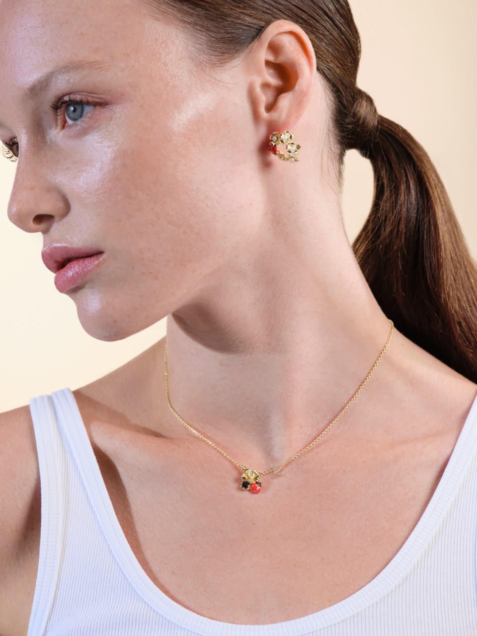Ladybird Foraging An Anemone With Faceted CrystalPendant Necklace | ARLP3021 - Les Nereides