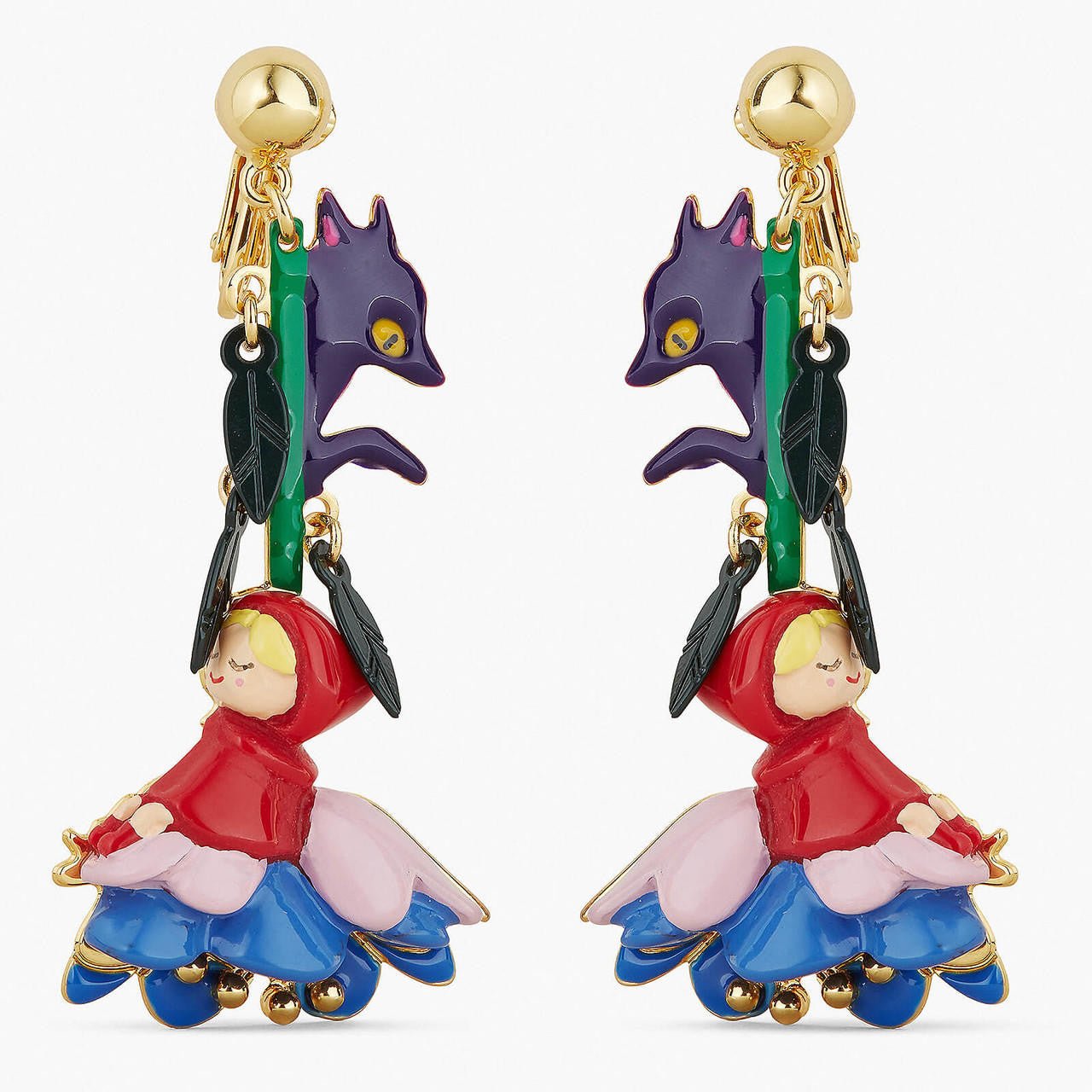 Little Red Riding Hood On A Blue Flower And The Big Bad Wolf Earrings | APBB1041 - Les Nereides