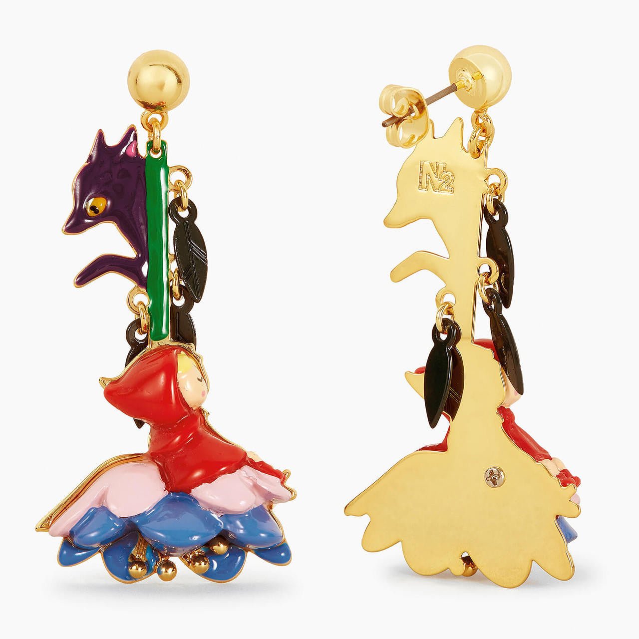 Little Red Riding Hood On A Blue Flower And The Big Bad Wolf Earrings | APBB1041 - Les Nereides